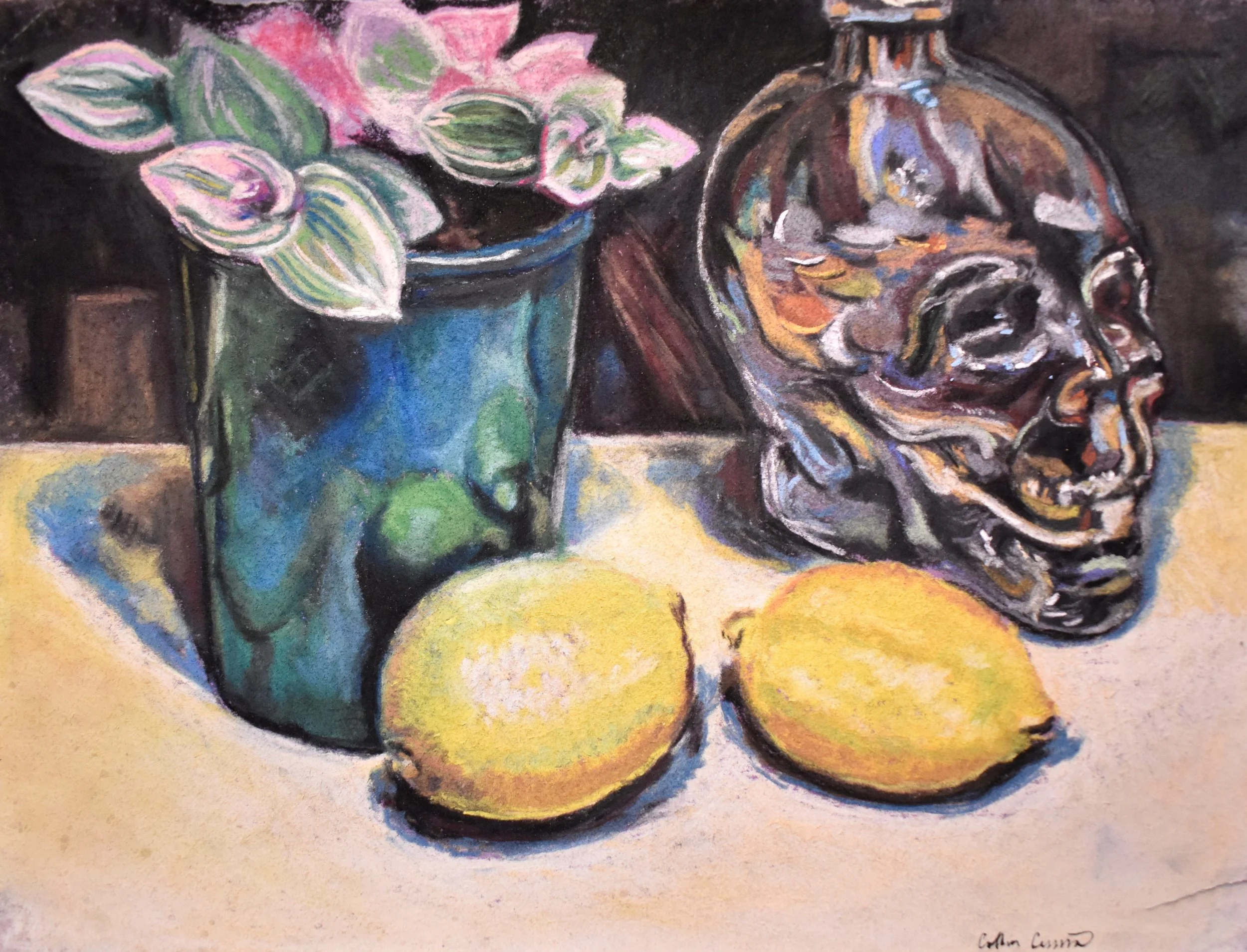 "Skull with Lemons and Plant" 2019 - Pastel on paper 9 x 12 in. Private Collection