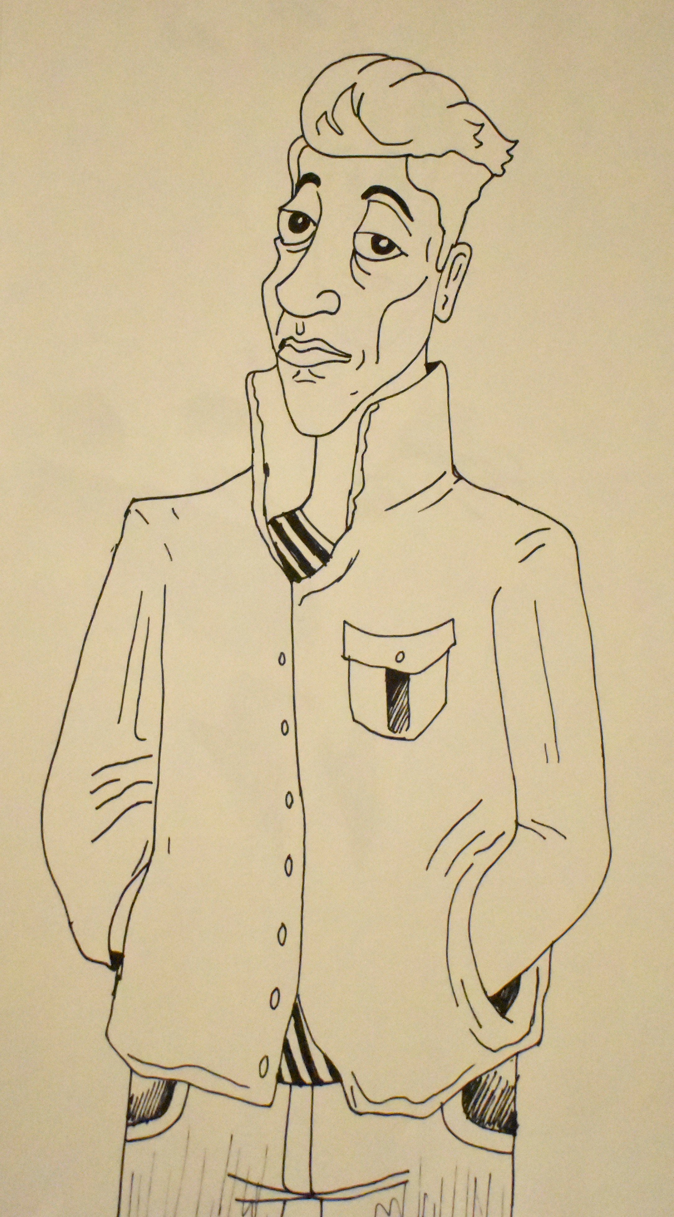 Line drawing of a young man with hands in pockets, wearing a jacket and striped shirt, with a confident expression.