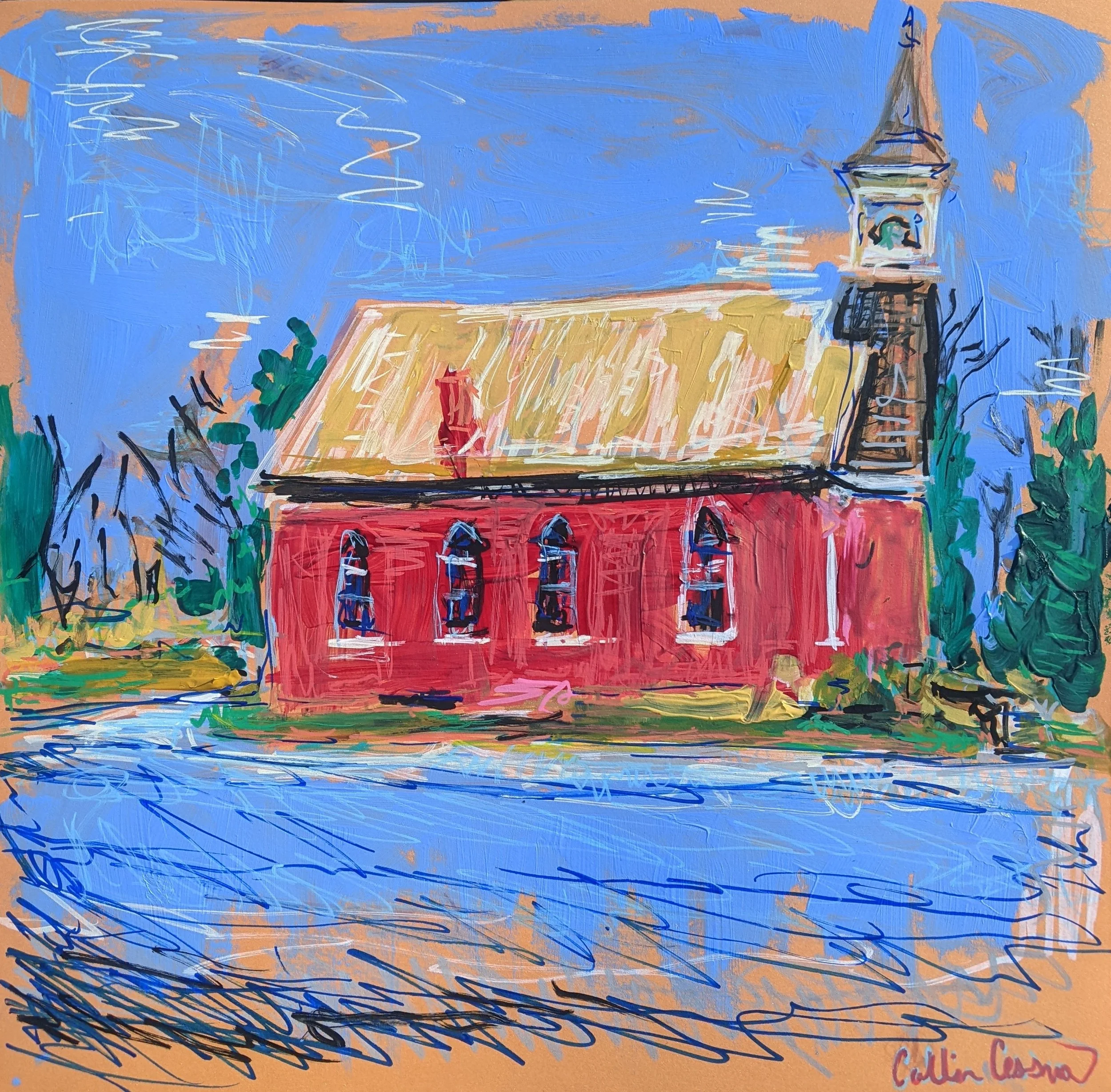A colorful painting of a red church with a yellow roof, surrounded by green trees and a blue sky. There is a church steeple on the right side of the building.