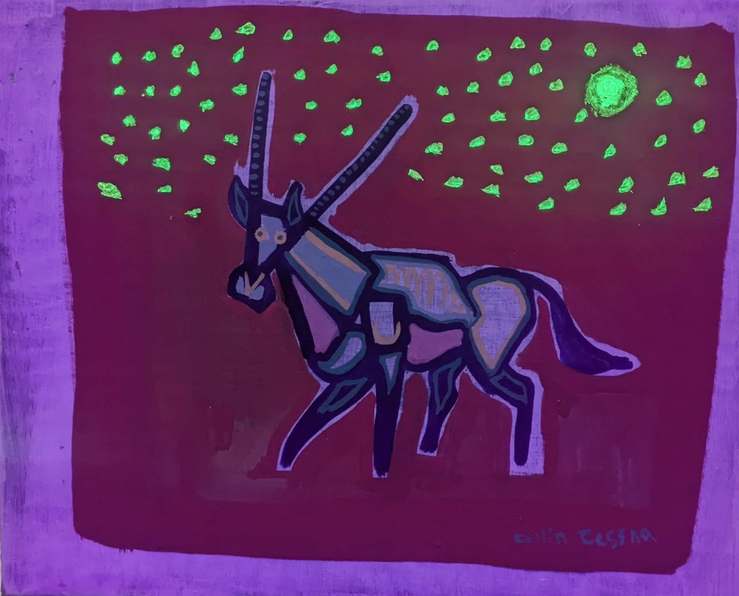 Antelope painting by Collin Cessna traditional art casein paints hand made cardboard md glow in the dark