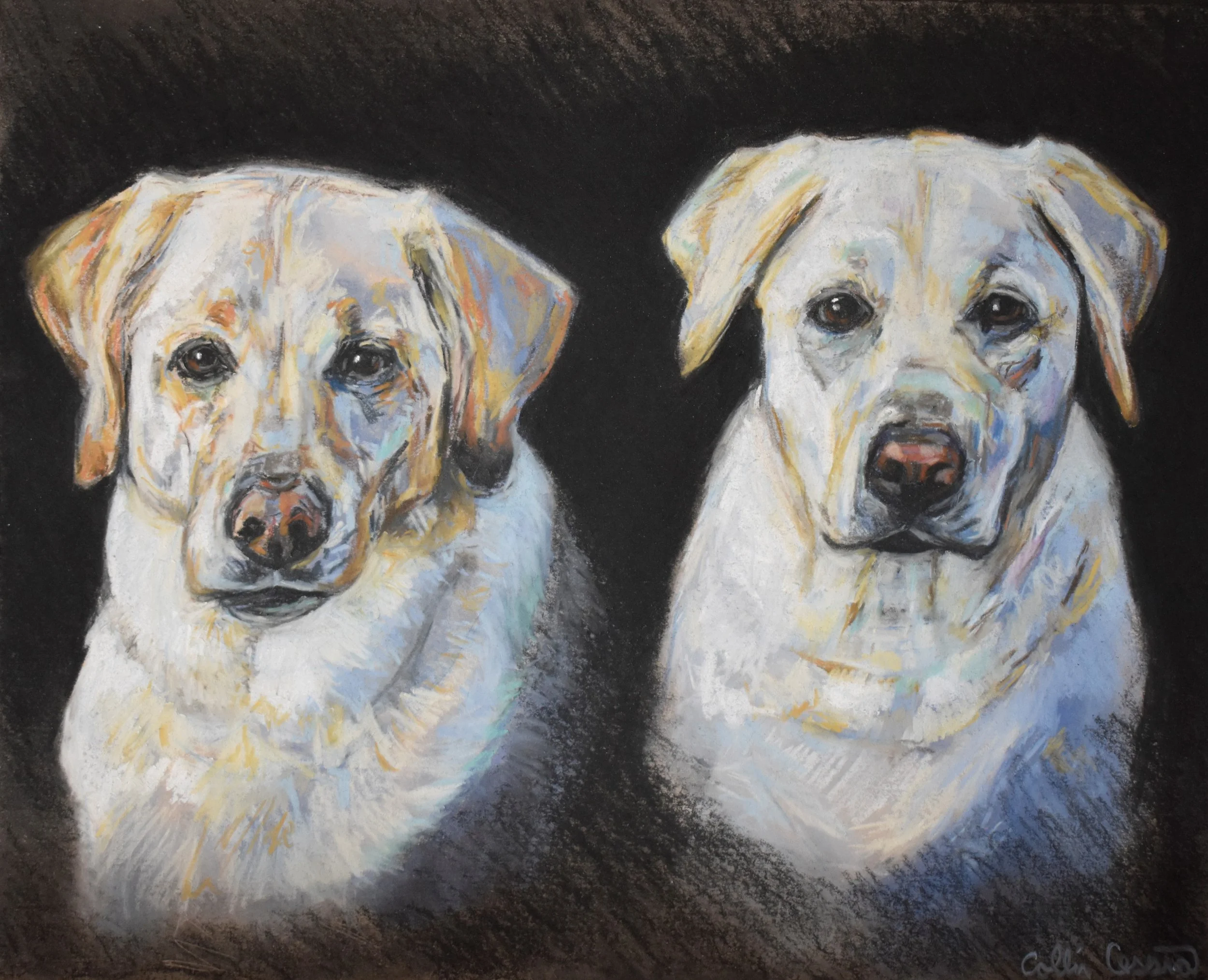 Painting of two Labrador retrievers against a dark background, with the dog on the left having a slightly darker face and the dog on the right having a lighter face.