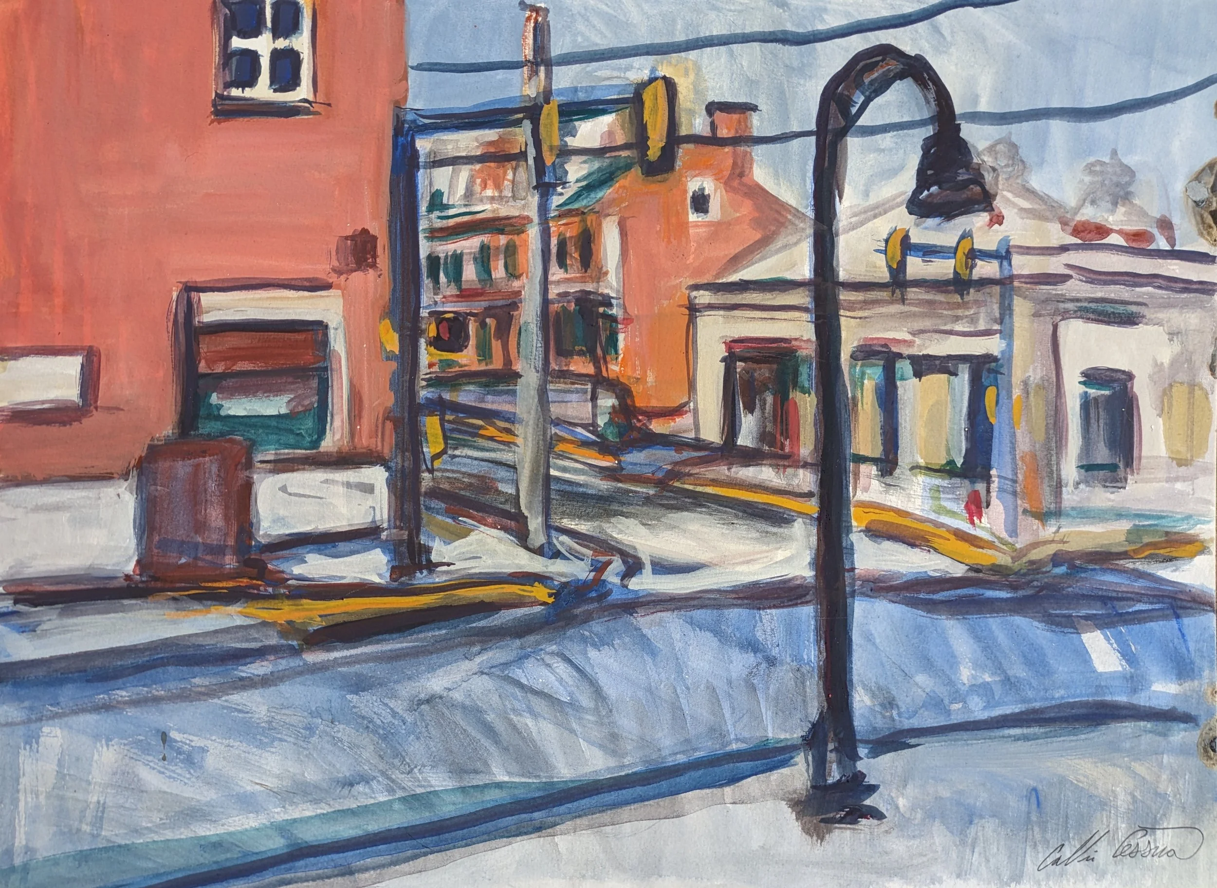 A colorful watercolor painting of a street scene with buildings, power lines, street lamps, and a sidewalk in an urban setting.