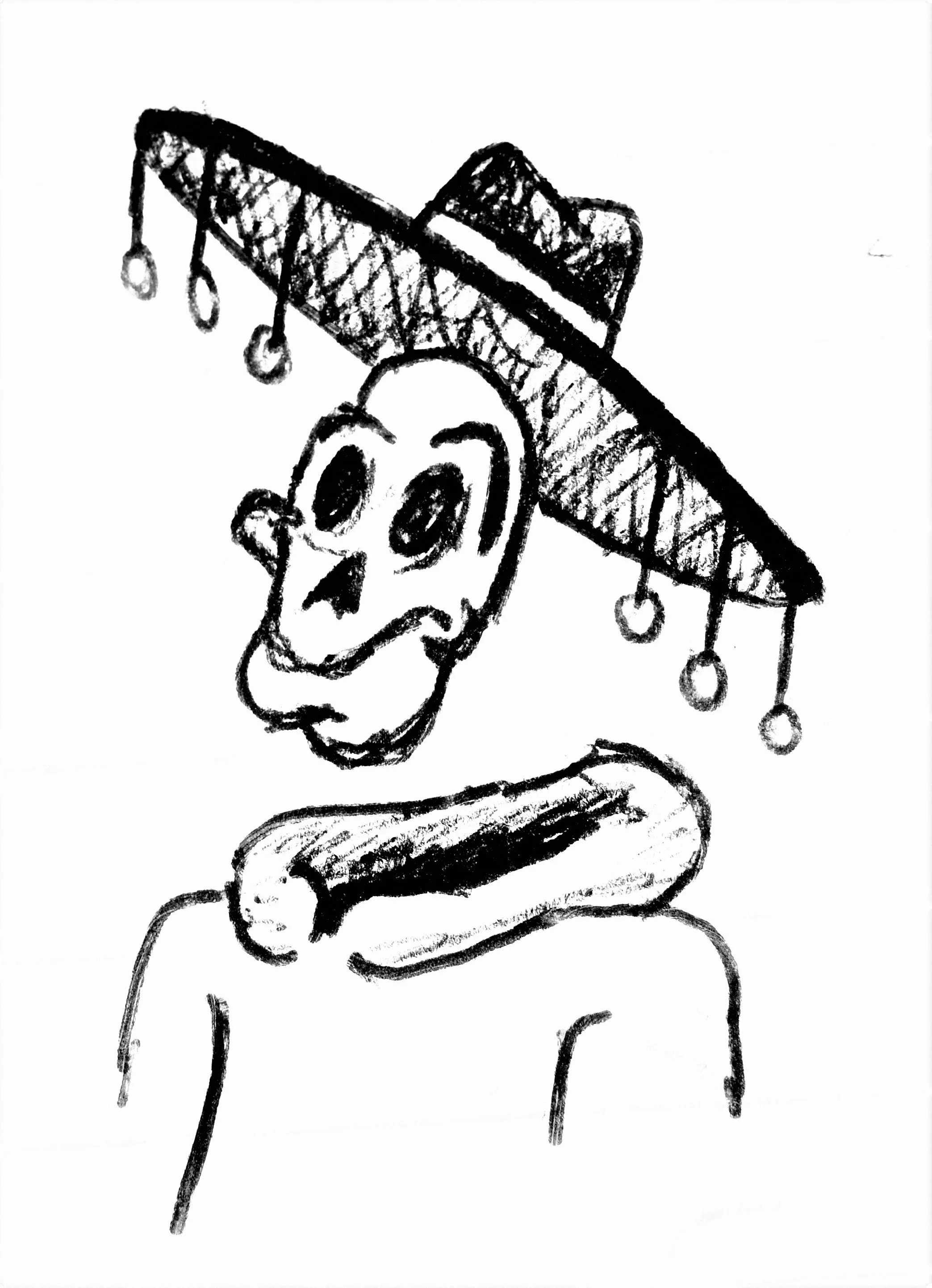 A black and white sketch of a skeleton wearing a sombrero with hanging ornaments and holding a hot dog.