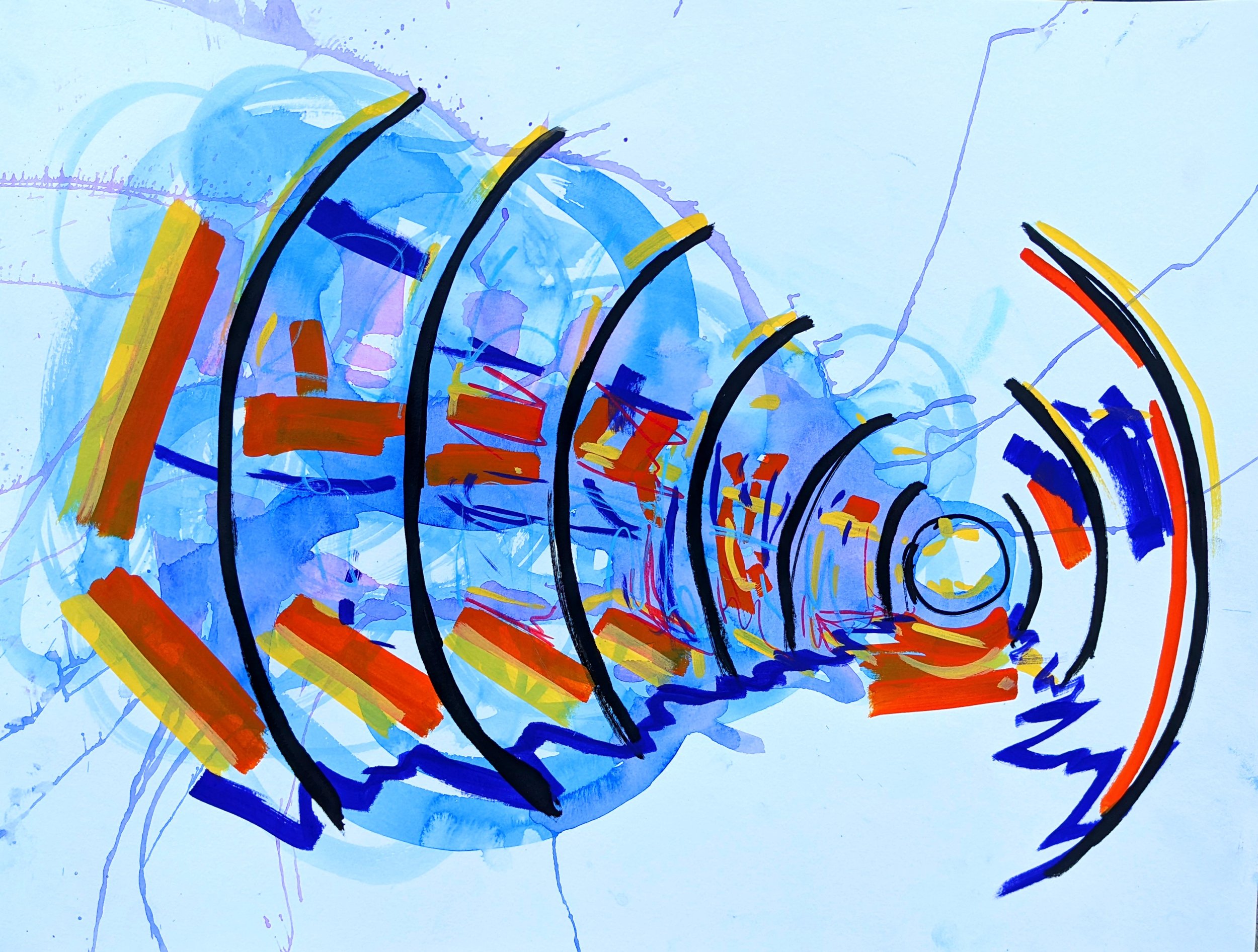 Abstract artwork featuring concentric circles and curved black lines, with splashes of blue, red, yellow, and purple paint.