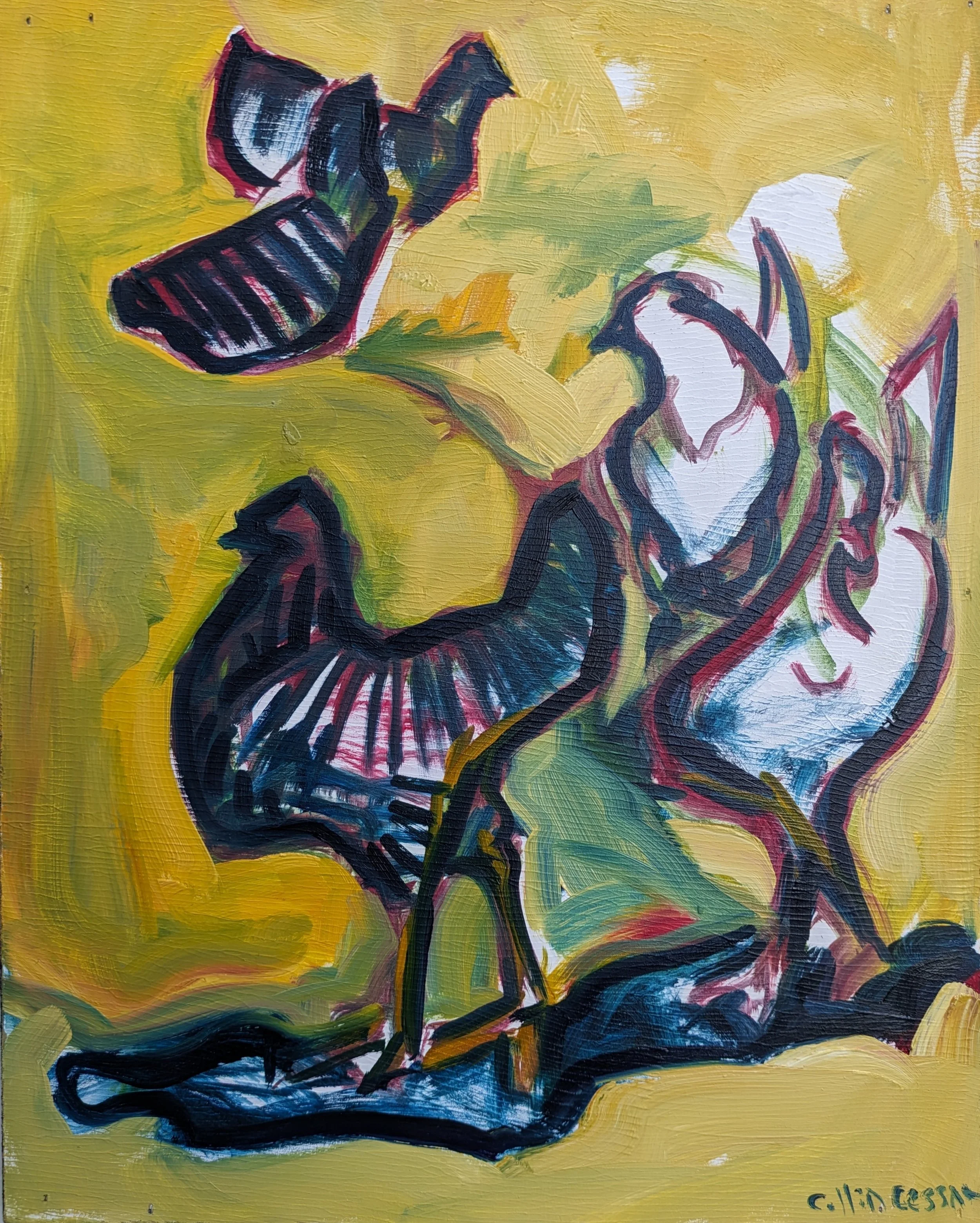 Abstract painting of yellow and green hues with black, red, white, and blue outlines resembling roses.