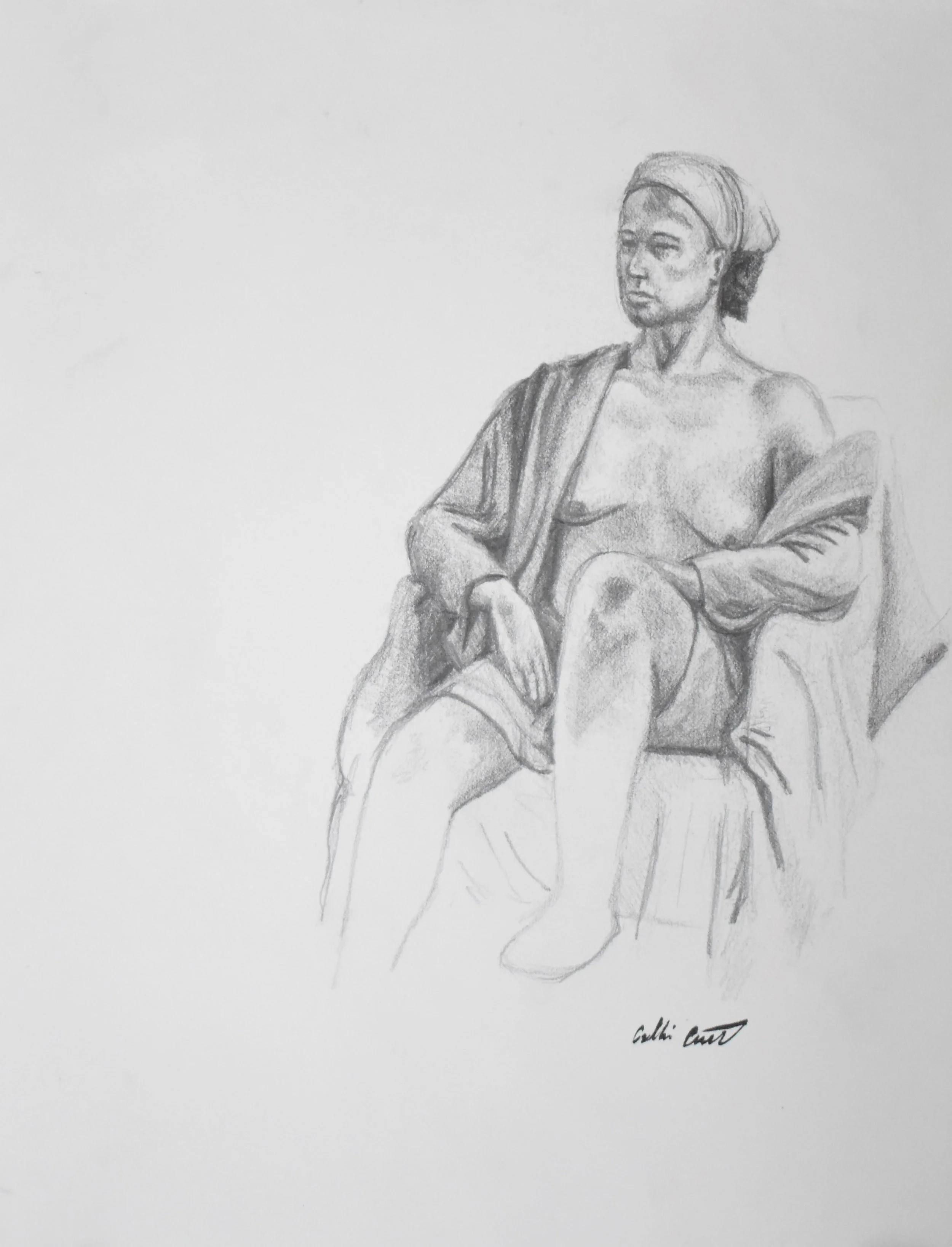 A detailed pencil sketch of a woman sitting on a chair, partially draped in a cloth, with a contemplative expression and a head covering. The sketch is signed in the lower right corner.