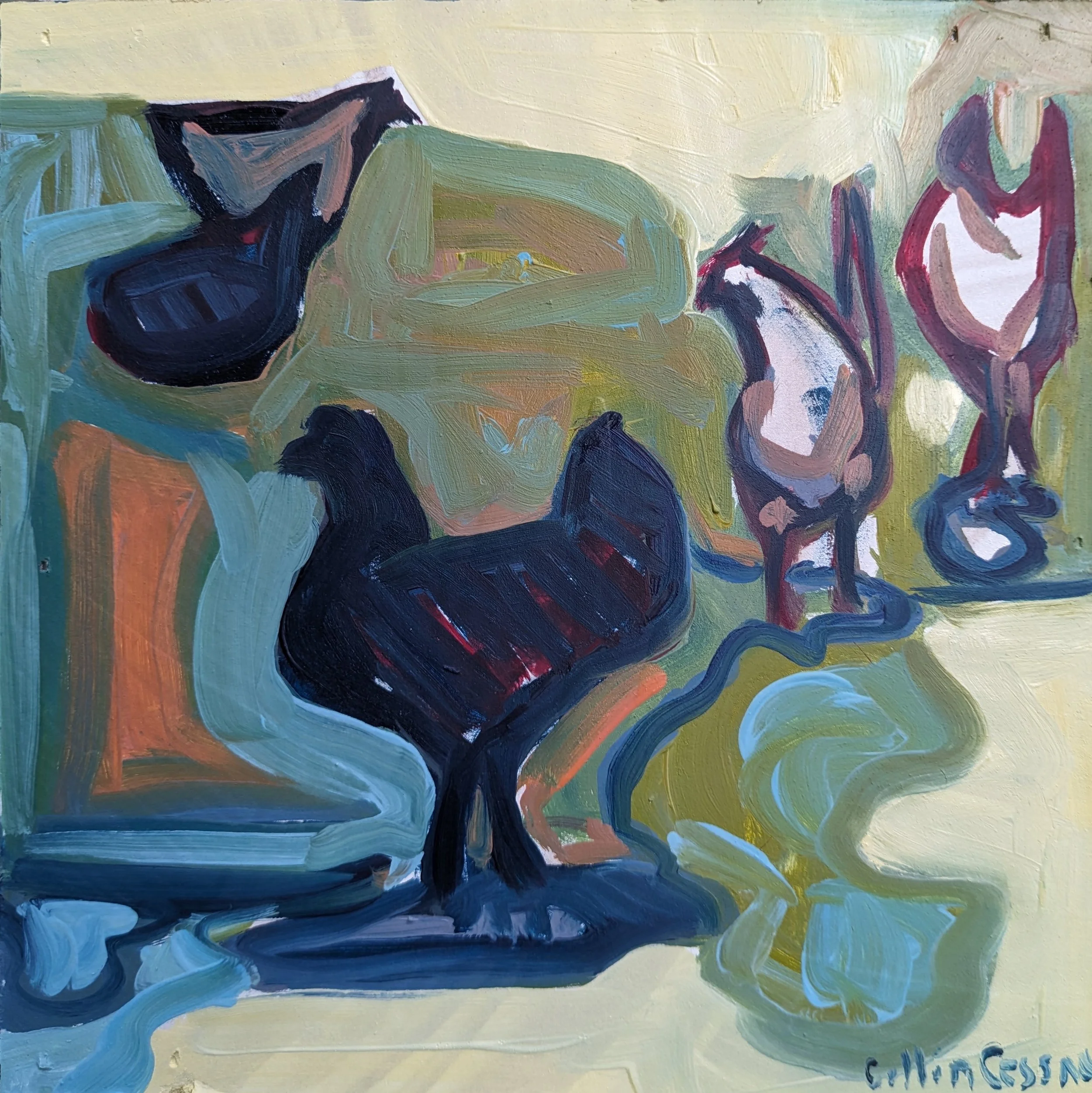 Abstract painting of various objects, including a black chair, a bowl, and flowers, with bold brushstrokes and muted colors.