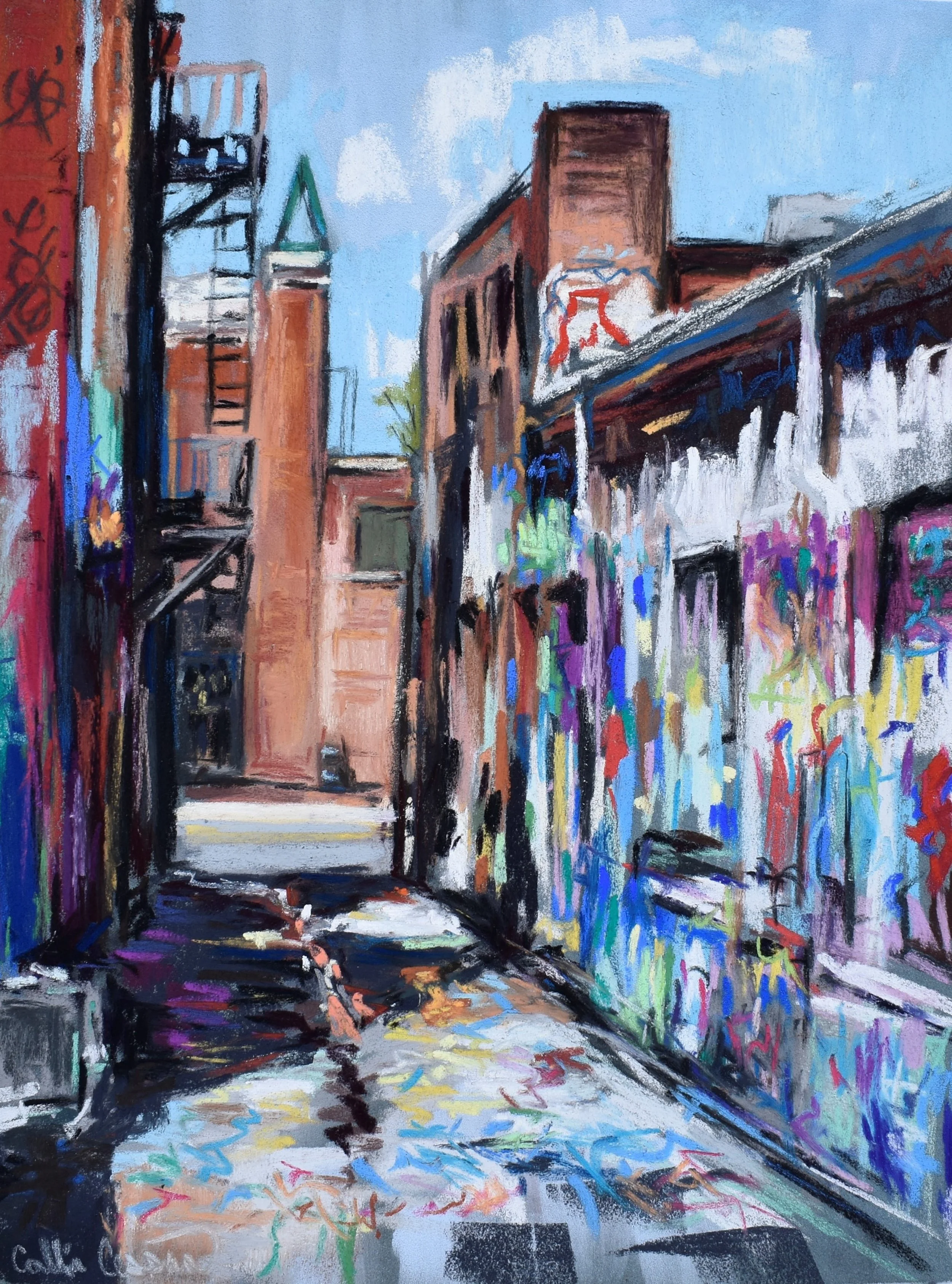 A colorful city alleyway painted in an impressionistic style, featuring graffiti-covered walls, fire escapes, and a brick building under a partly cloudy blue sky.