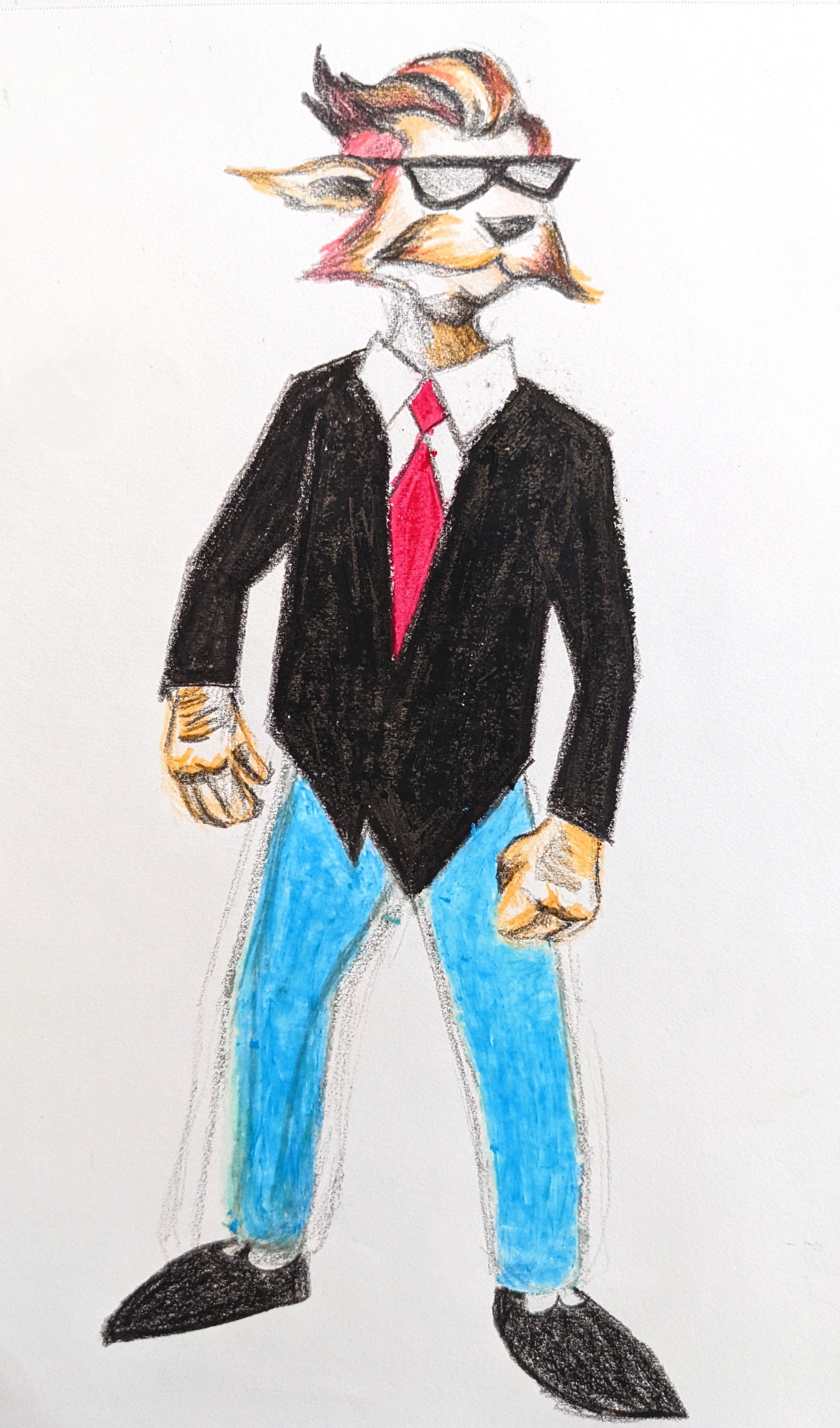 A cartoon lion dressed in a black suit, red tie, white shirt, blue pants, black shoes, wearing sunglasses, and with a confident stance.