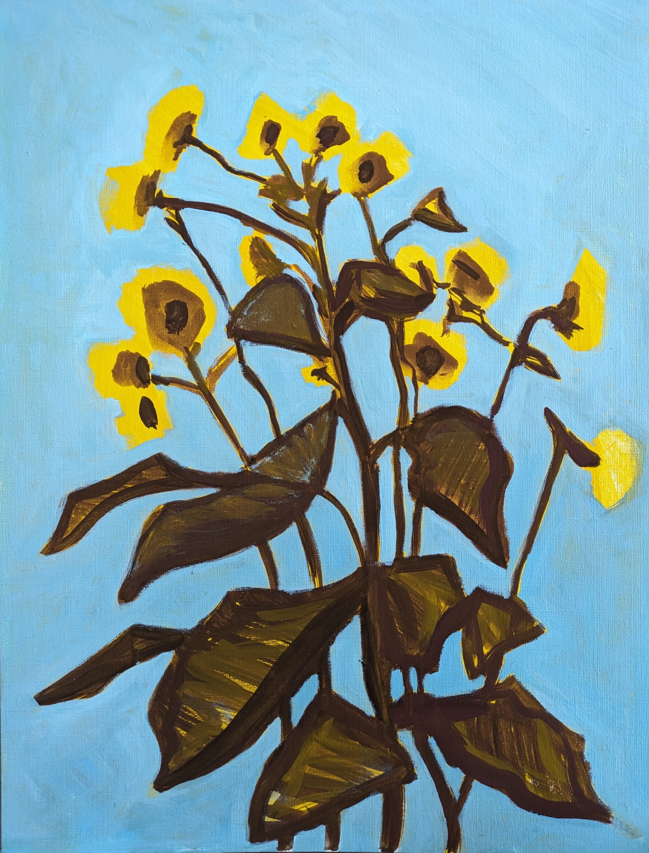 A painting of a sunflower plant with yellow flowers and green leaves against a blue background.