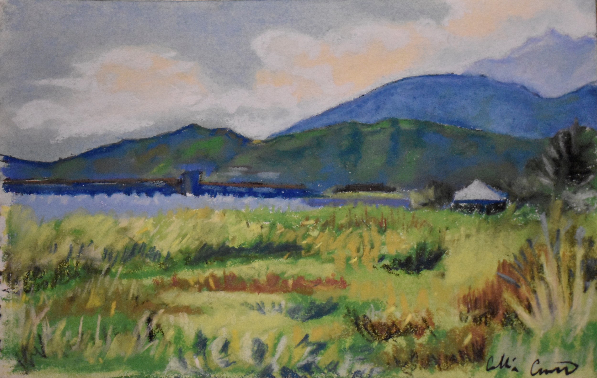 A watercolor landscape painting of mountains in the background, with a body of water and a bridge in front, and grassy fields with trees and a small house in the foreground.
