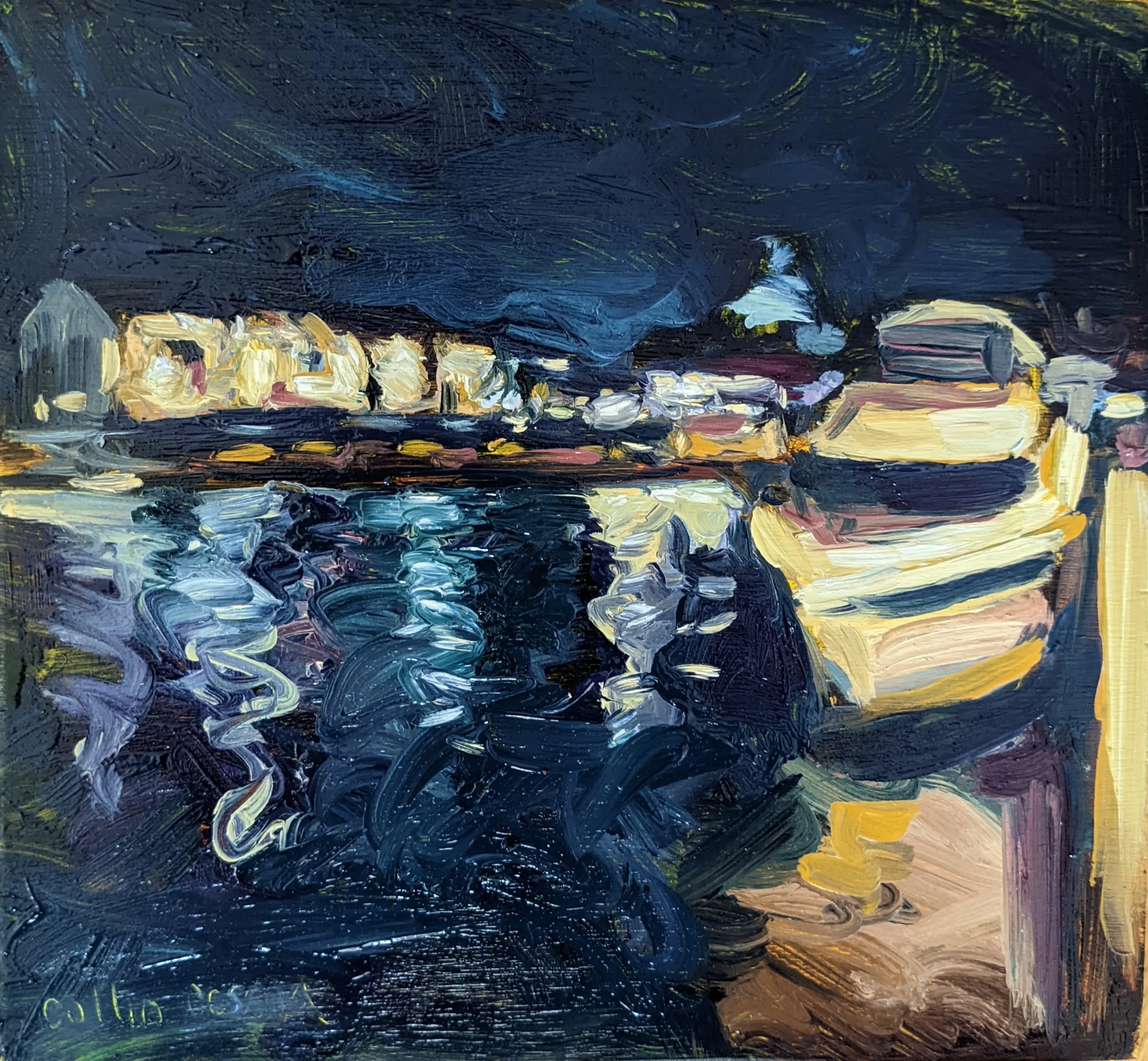 Impressionist painting of a cityscape at night with buildings, a river, and boats depicted with bold brushstrokes in dark blue, black, yellow, and white.