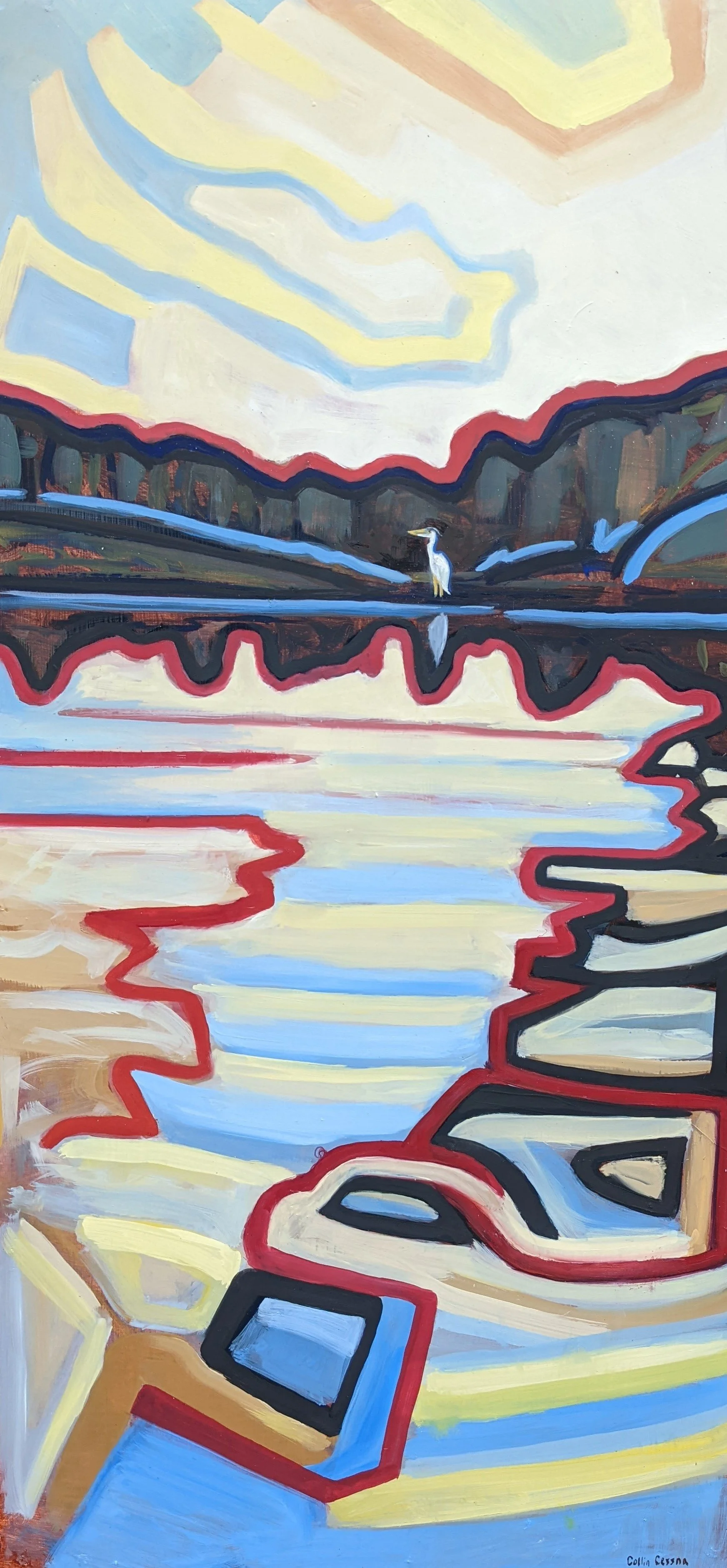 Abstract landscape painting depicting a mountainous scene with a river or lake reflecting the sky, using bold lines and colors.