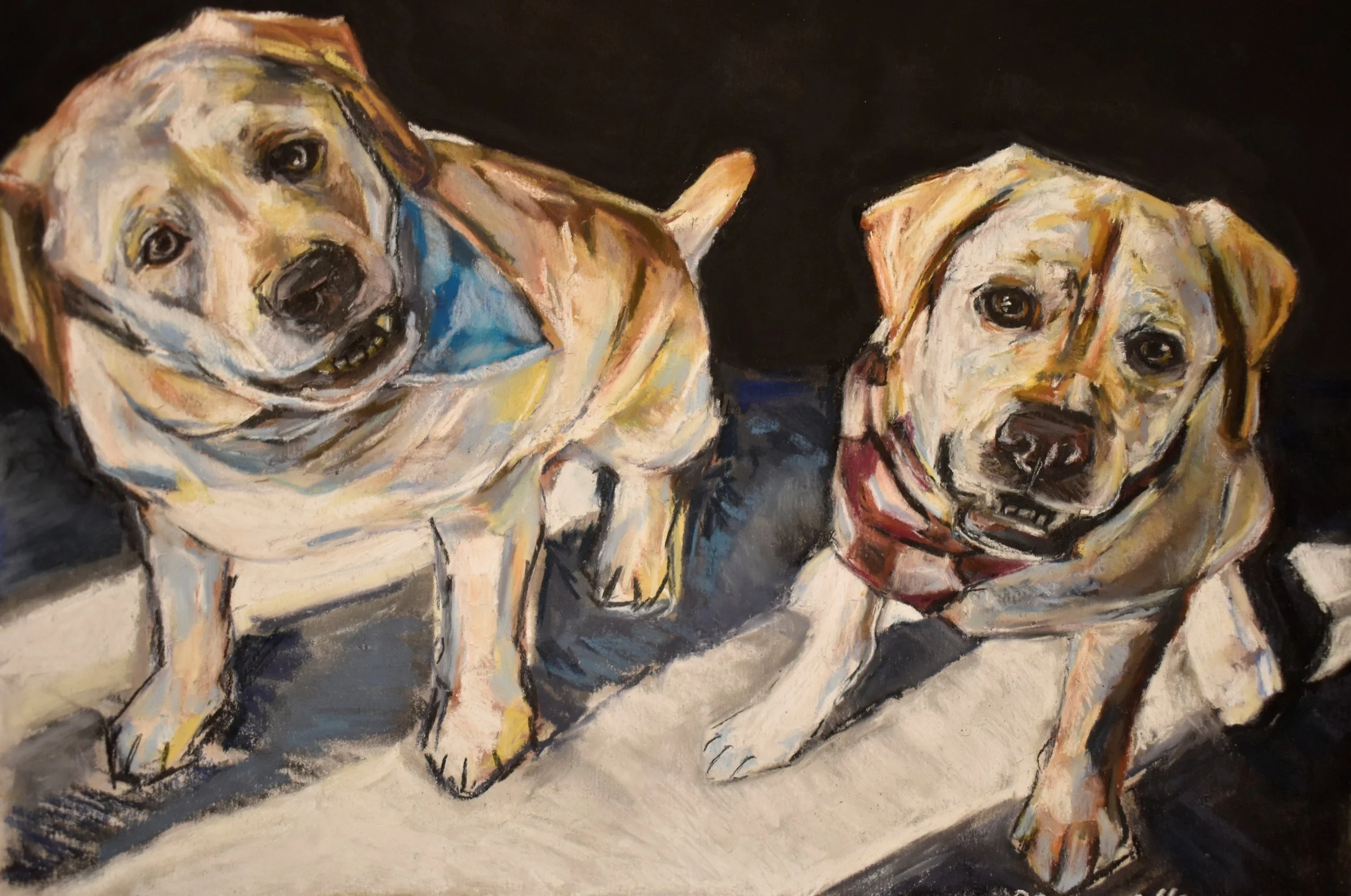 Painting of two dogs, one on the left with a blue collar, smiling with partly open mouth, and one on the right with a red collar, looking directly at the viewer, set against a dark background.