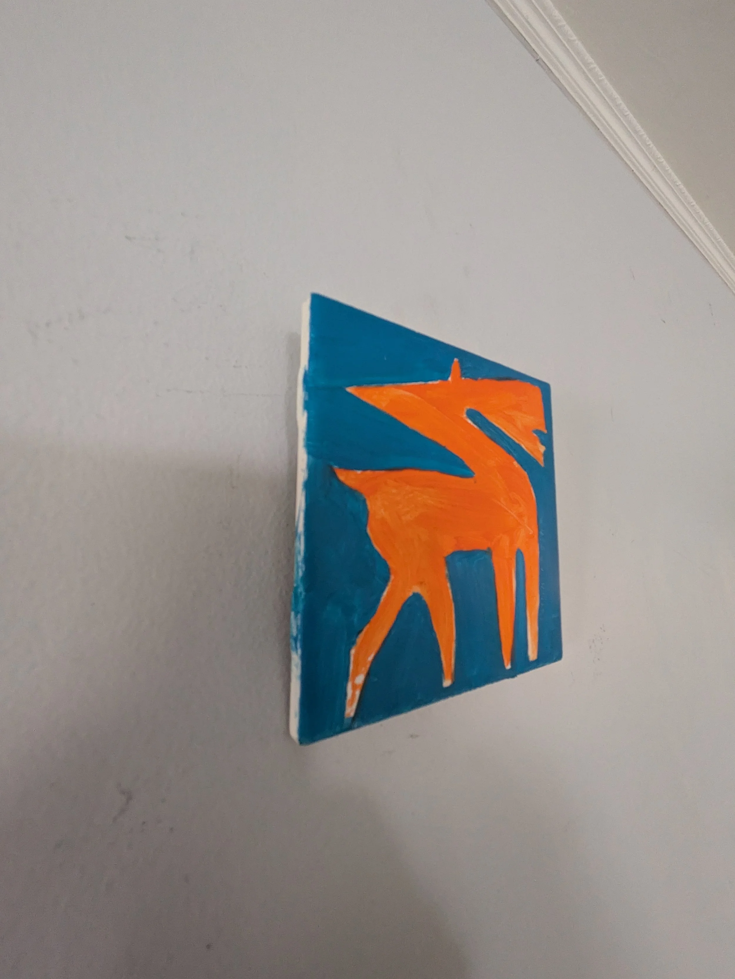 Artist original oil painting Collin Cessna paints reindeer ceramic tile upcycled hand made one deer