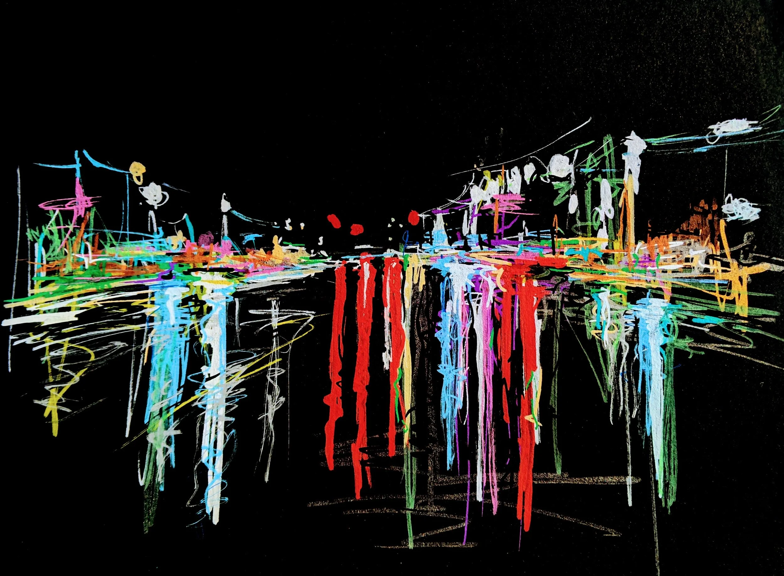 Colorful abstract light installation depicting a cityscape at night with reflections on water.
