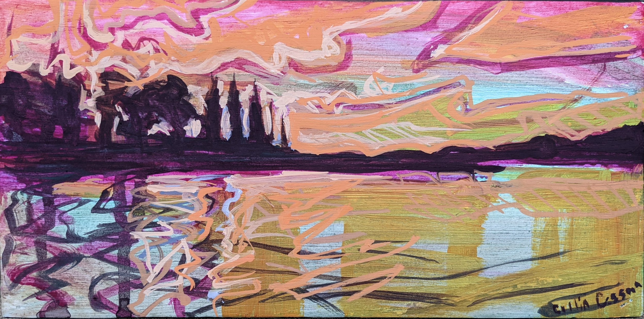 An impressionistic landscape painting depicting a river with reflections of trees and a colorful sky at sunset or sunrise.