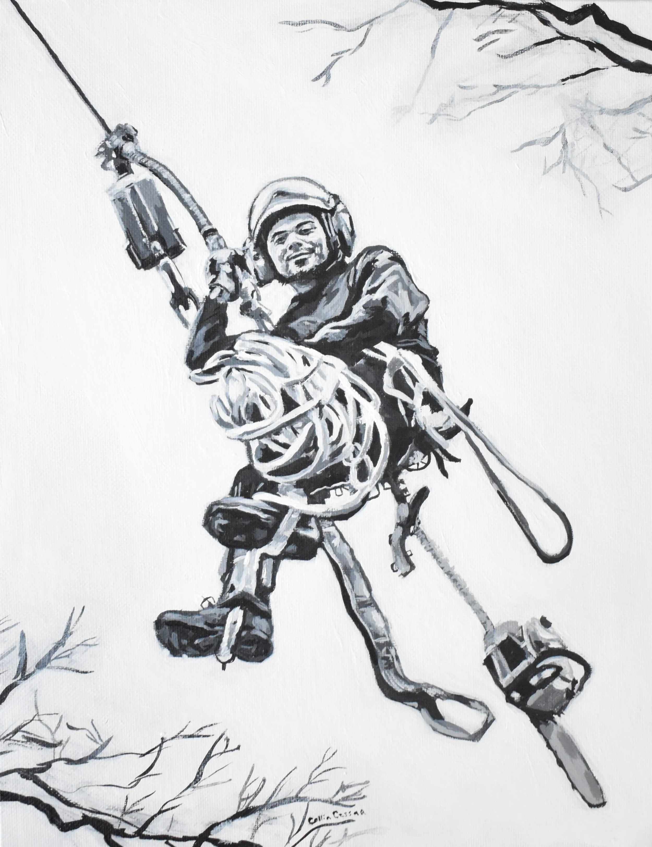 Black and white painting of a man climbing a tree using a mechanical device resembling a harness and pulley system, with leafless branches visible in the background.