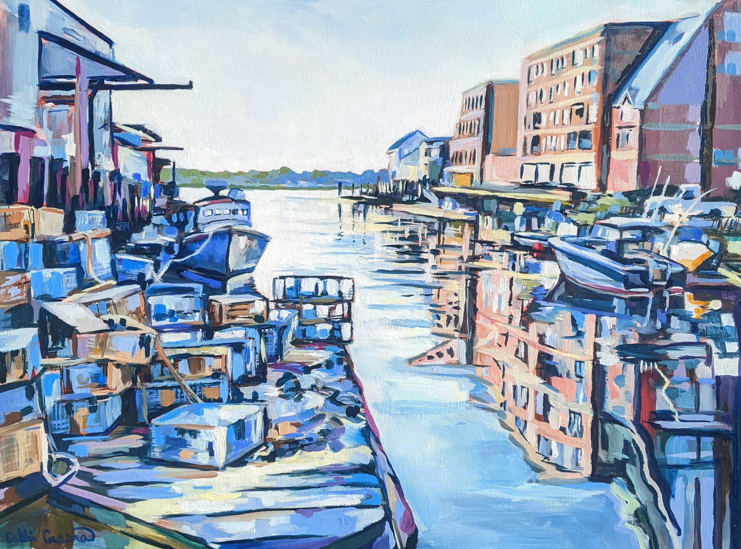 A colorful impressionist painting of a harbor with boats docked along the water, surrounded by multi-story buildings on both sides, with a sky in the background.