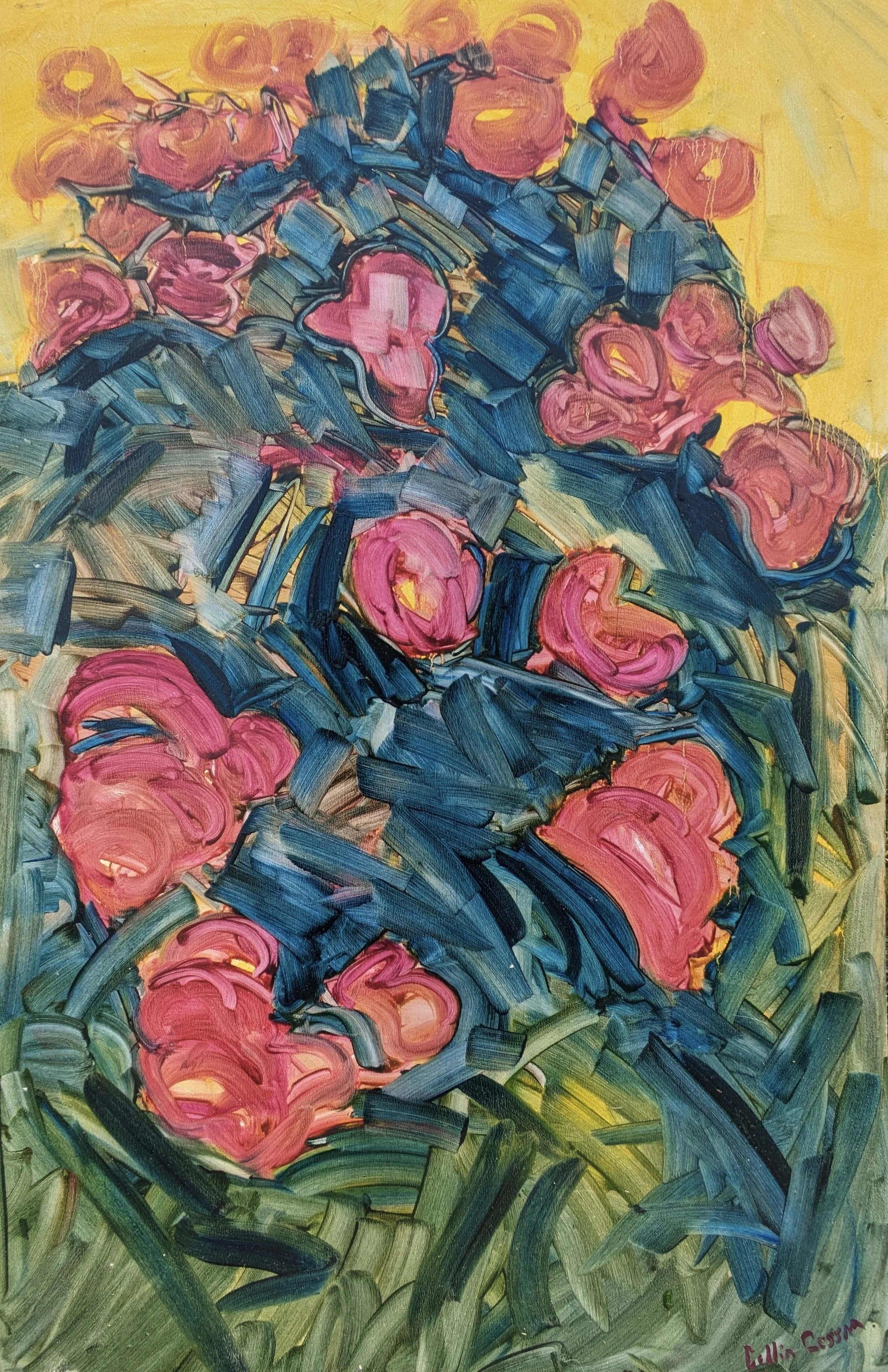 An abstract painting of pink roses with green leaves and stems on a yellow background, painted with bold, expressive brushstrokes.