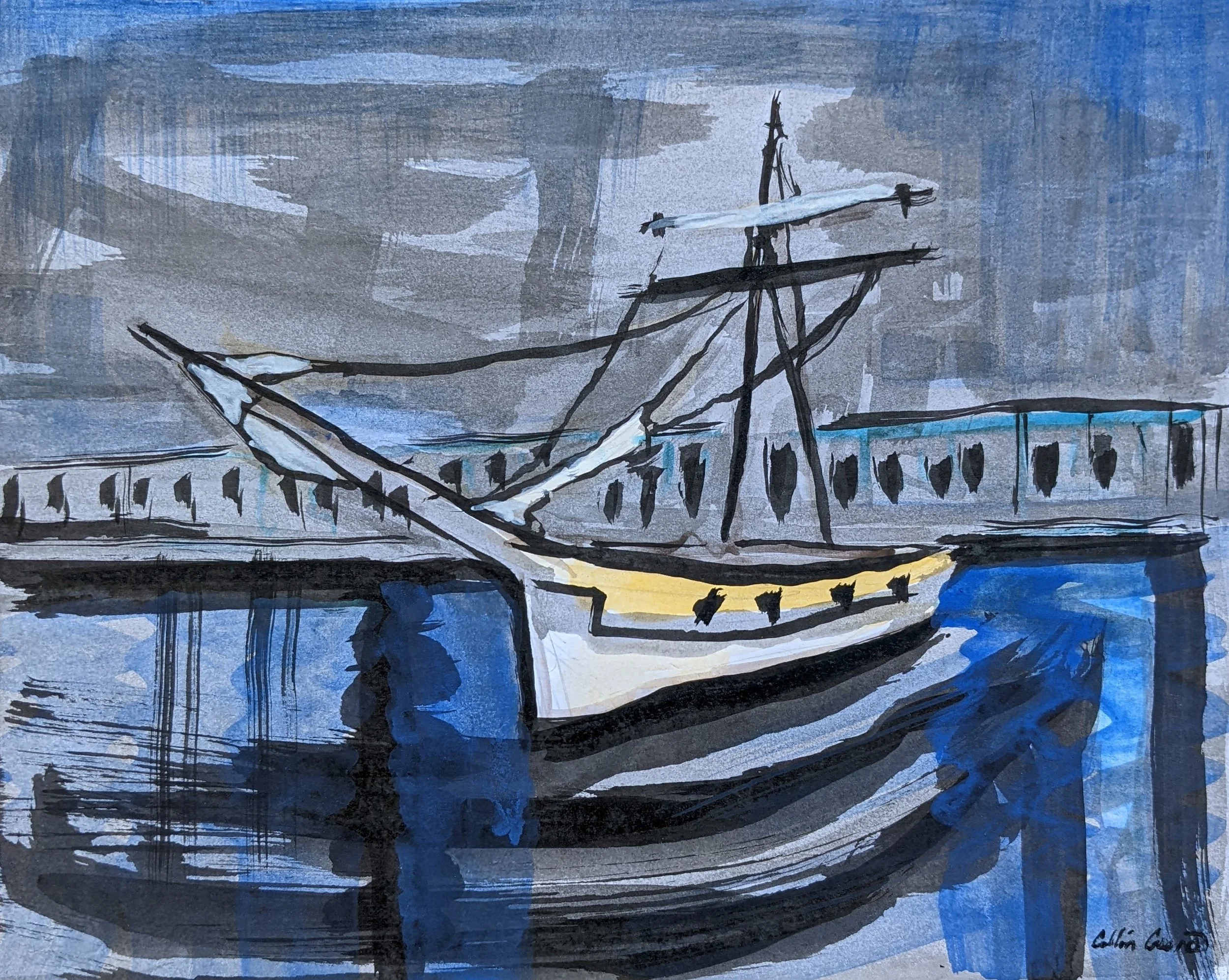Abstract painting of a ship docked at a harbor, with a cloudy sky in the background, using shades of blue, gray, black, and white.