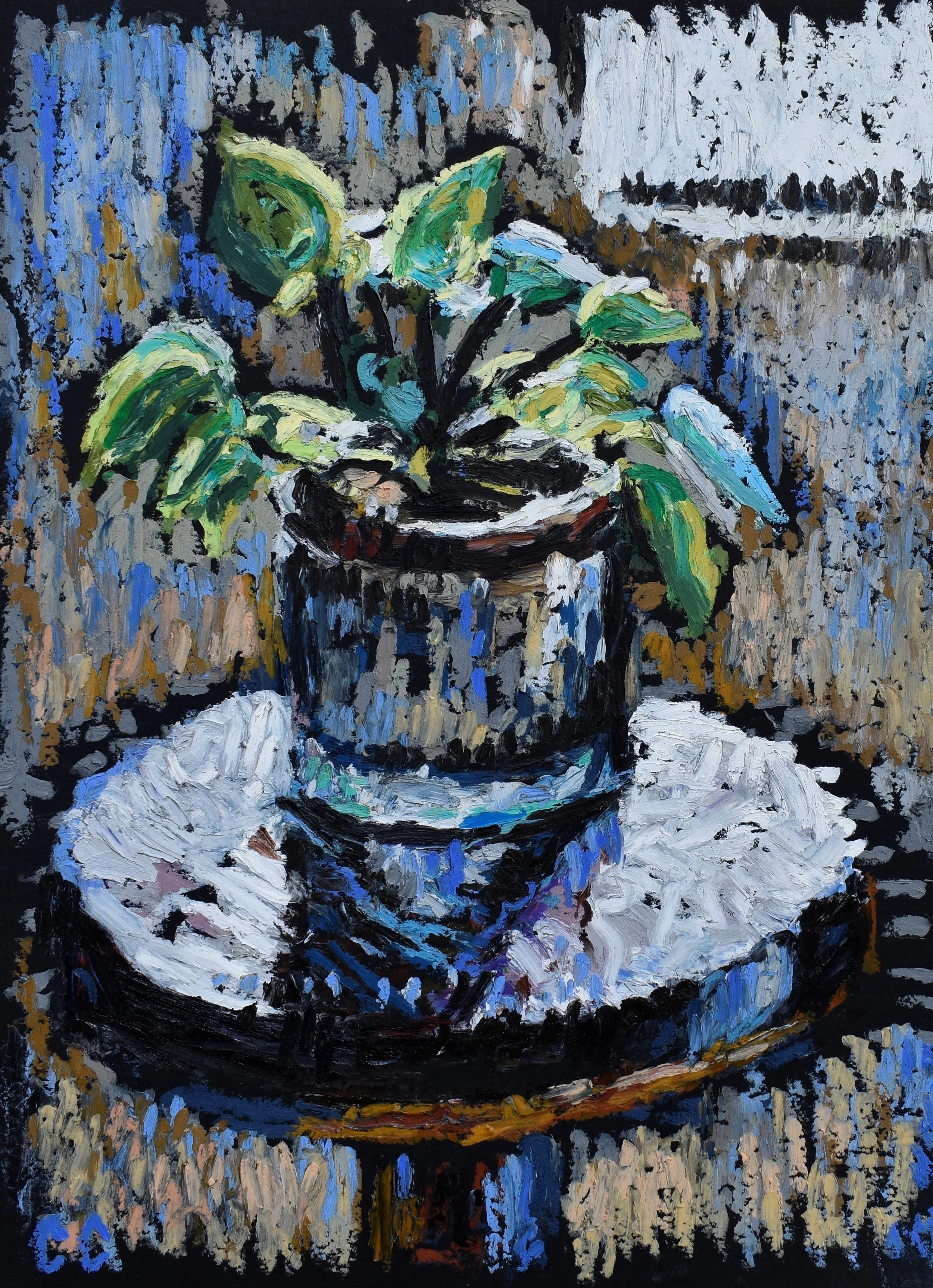 Oil Pastel drawing by Collin Cessna showing a plant on a table
