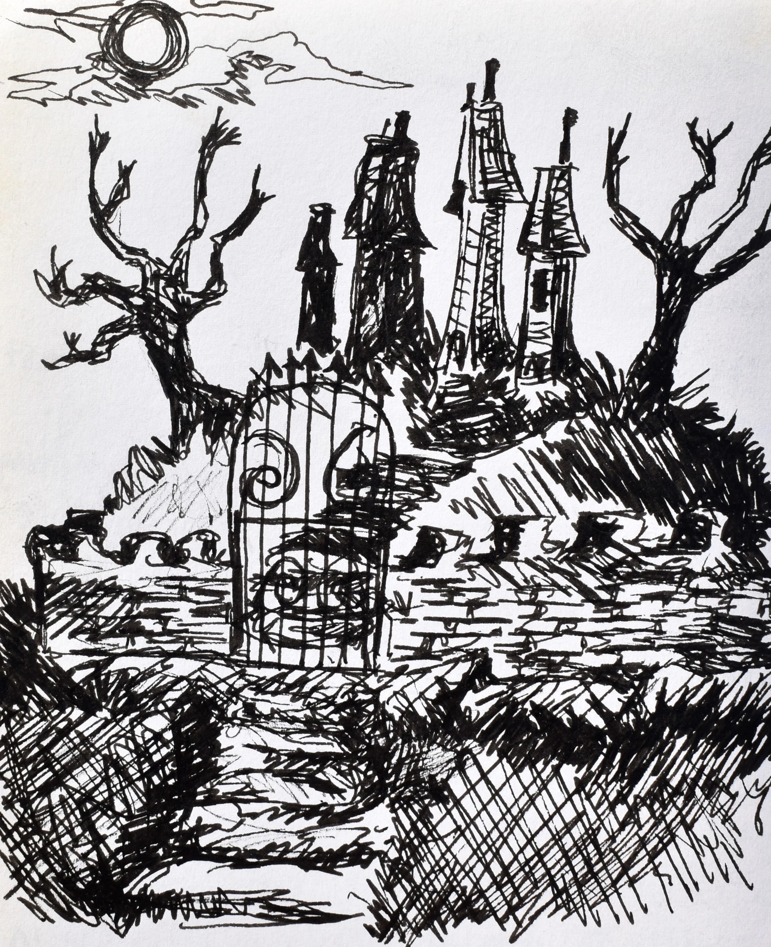 A black and white sketch of a spooky, abandoned house with broken windows on a hill, surrounded by leafless trees, with a wrought iron gate in the foreground and a cloudy, partially obscured sun in the sky.