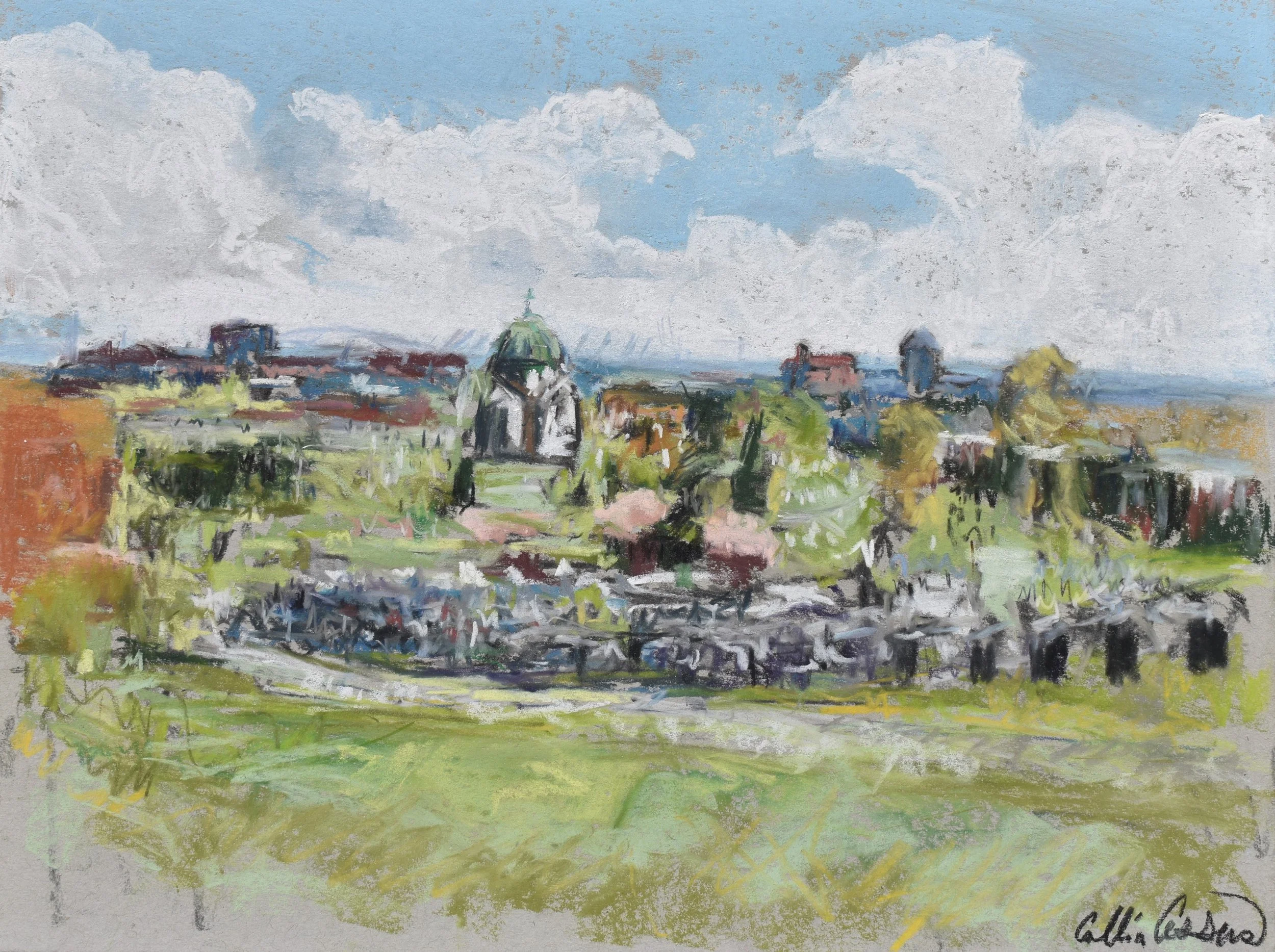 Pastel painting of a cityscape with a church with a green dome, surrounded by greenery, under a partly cloudy sky.