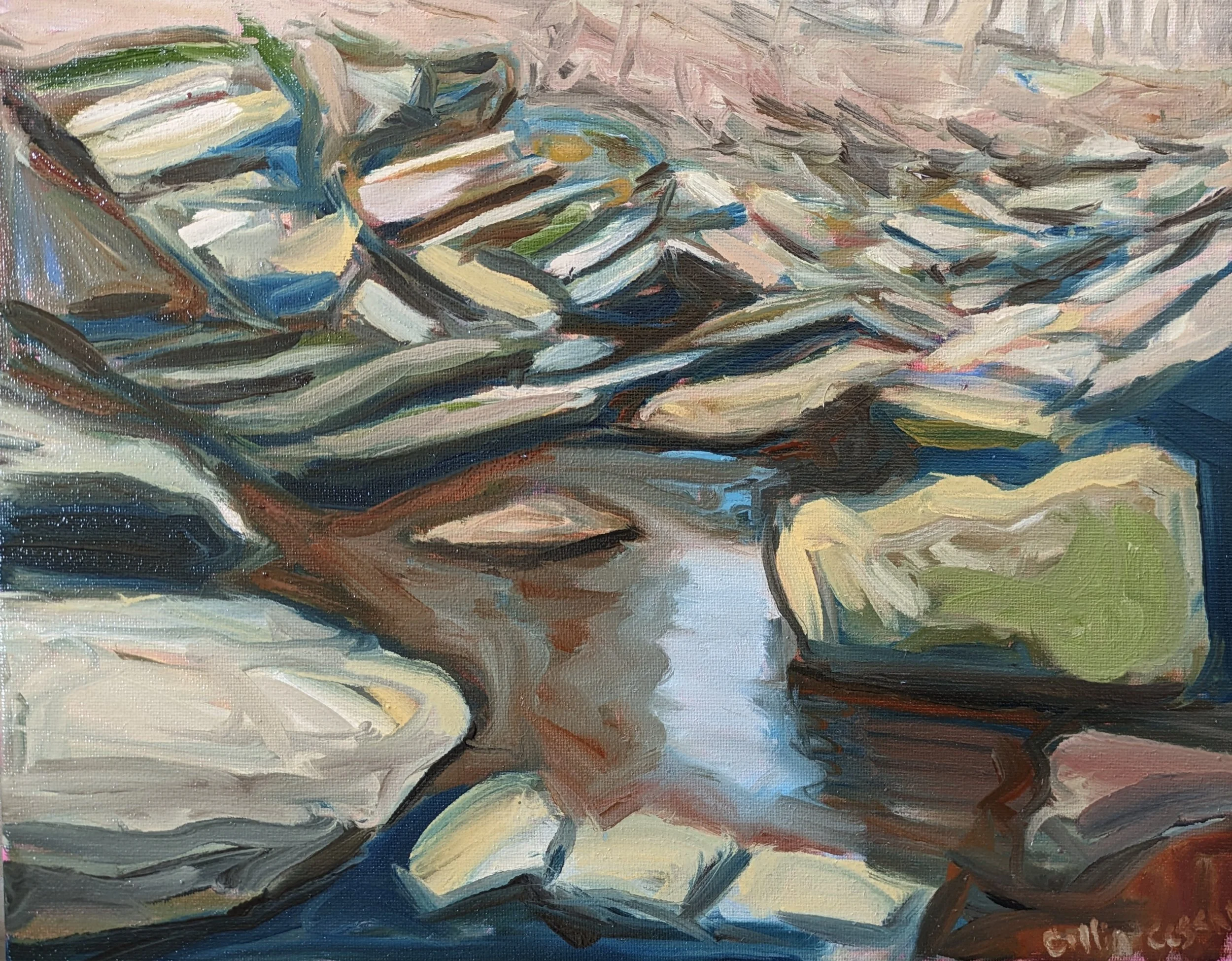 Abstract painting of a river with rocks and trees along the banks, using broad, expressive brushstrokes and a focus on natural colors.