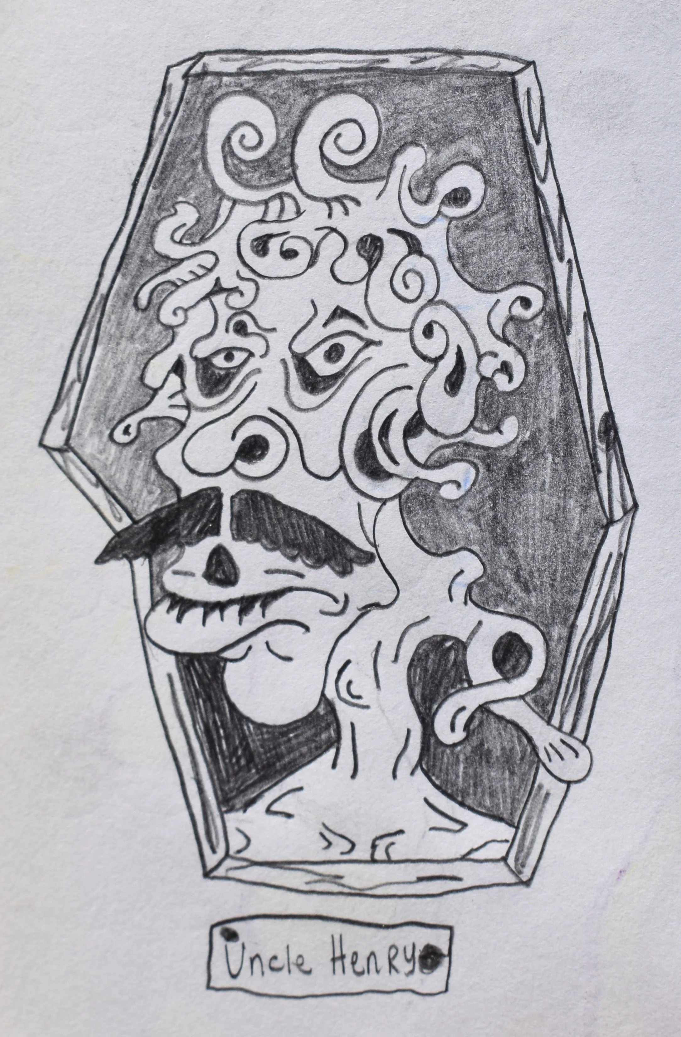 A black and white drawing of a figure with a distorted face, a mustache, and smoke rising from its mouth, inside a hexagonal shape. There is a small label below that reads 'Uncle Henry.'