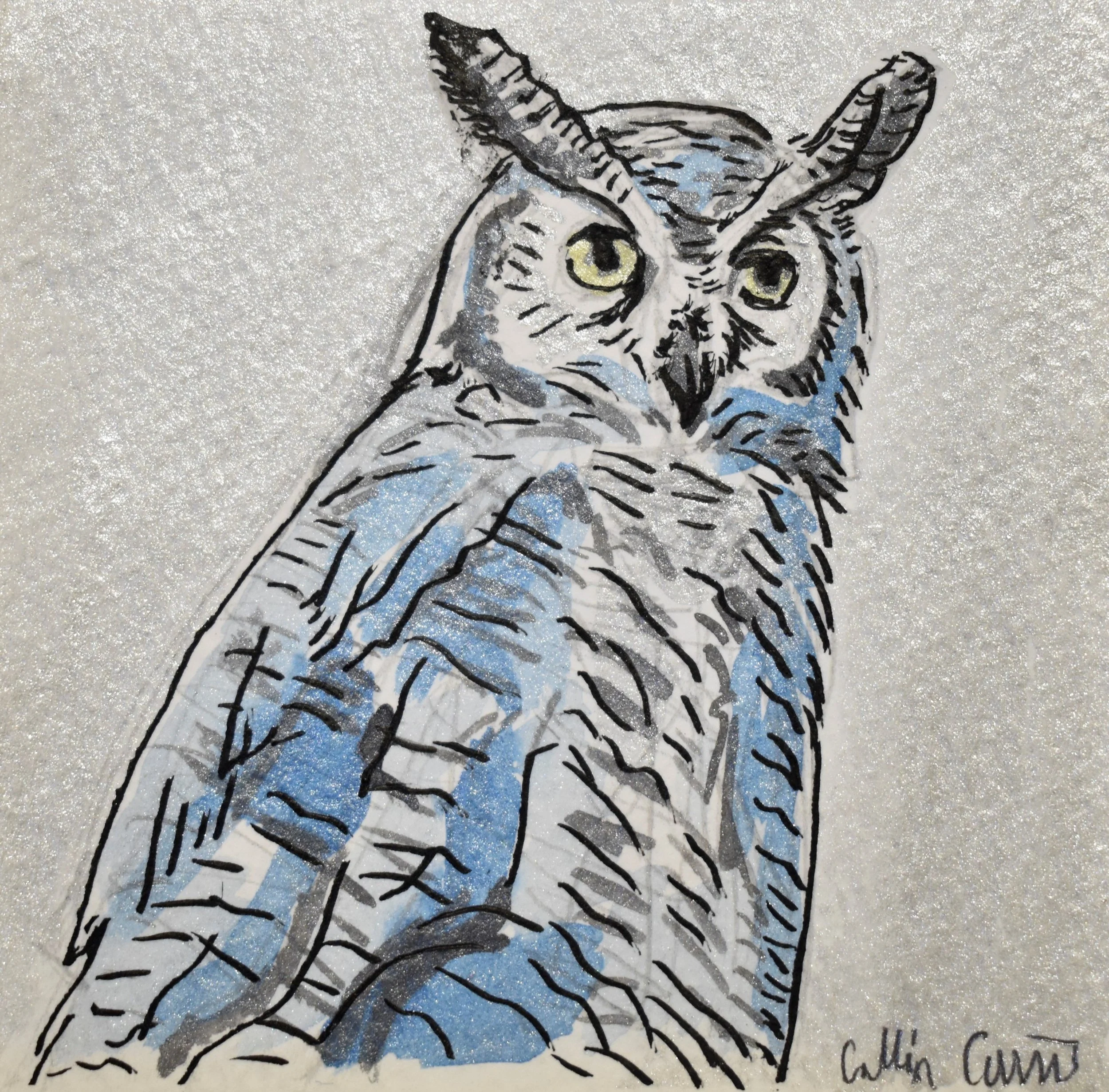 Drawing of an owl with a glittery background, featuring black lines and blue accents, signed by Cuttin Currs.