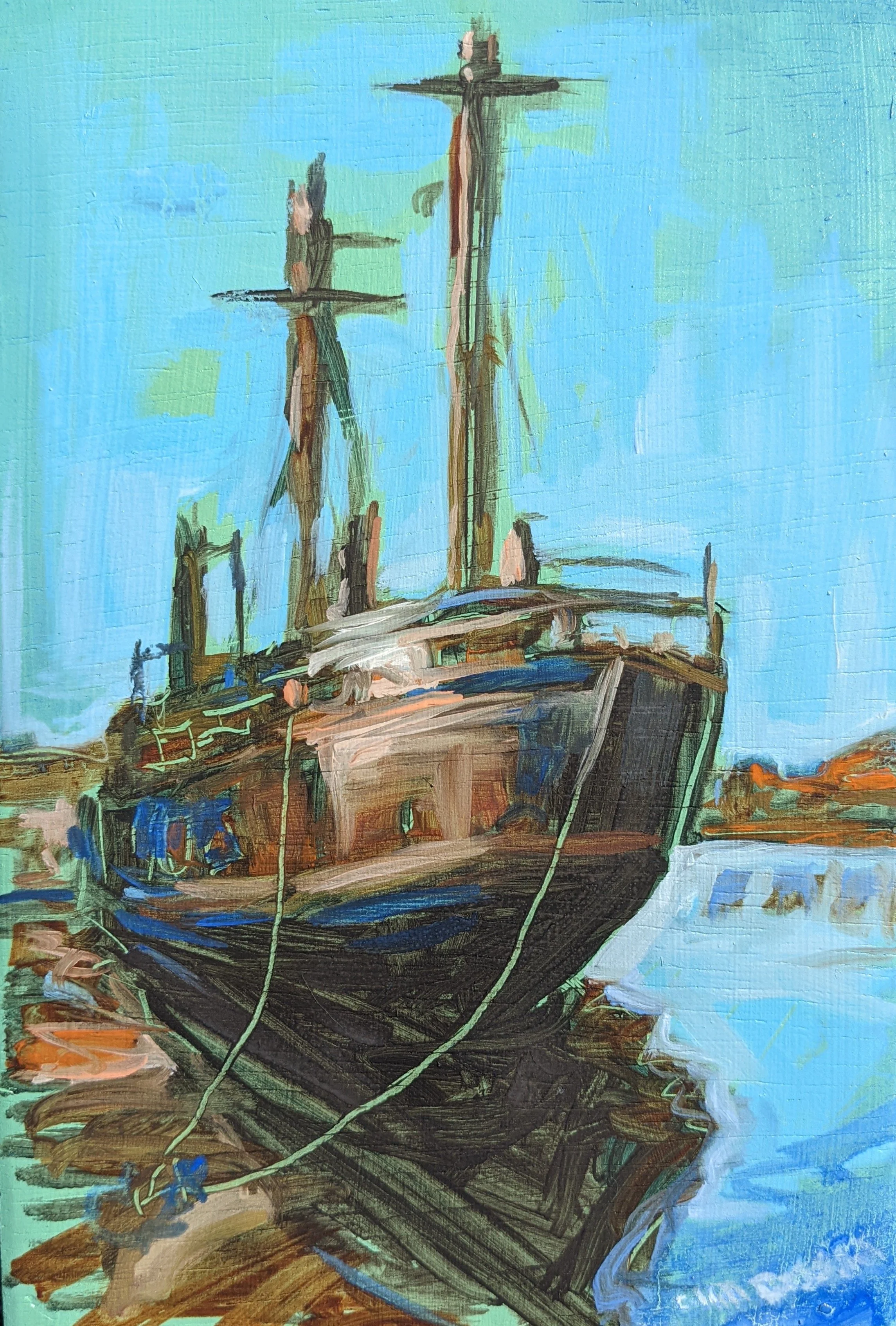 Painting of an old sailing ship docked at a harbor with a bright blue sky in the background.