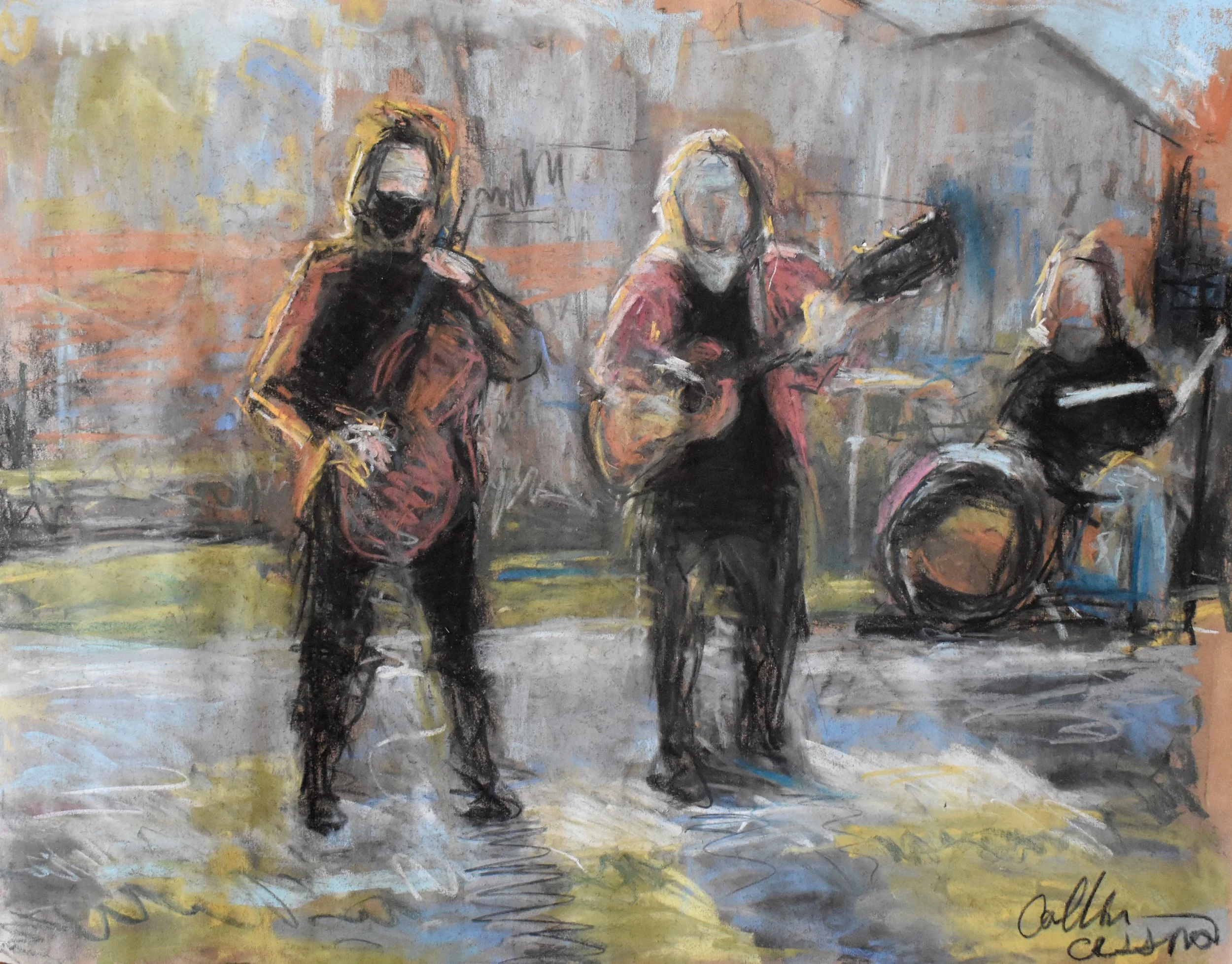 A watercolor-style painting of three musicians performing outdoors. The left musician plays a wind instrument, wearing a red jacket and a black mask. The middle plays a guitar, also in a red jacket, and the right plays a keyboard or organ, dressed in