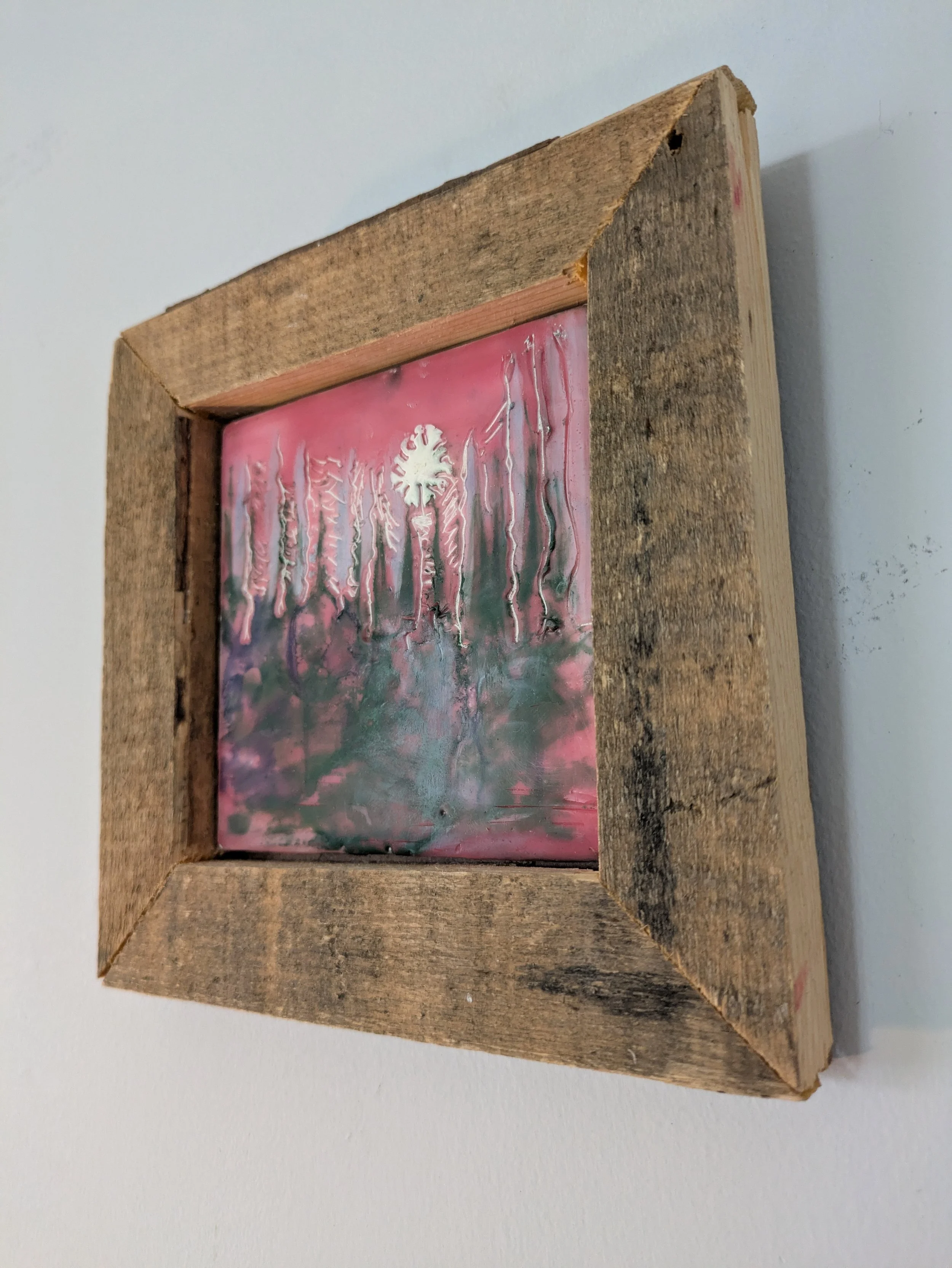 Collin Cessna Artist paints encaustic beeswax painting on ceramic tile framed upcycled recycled orig