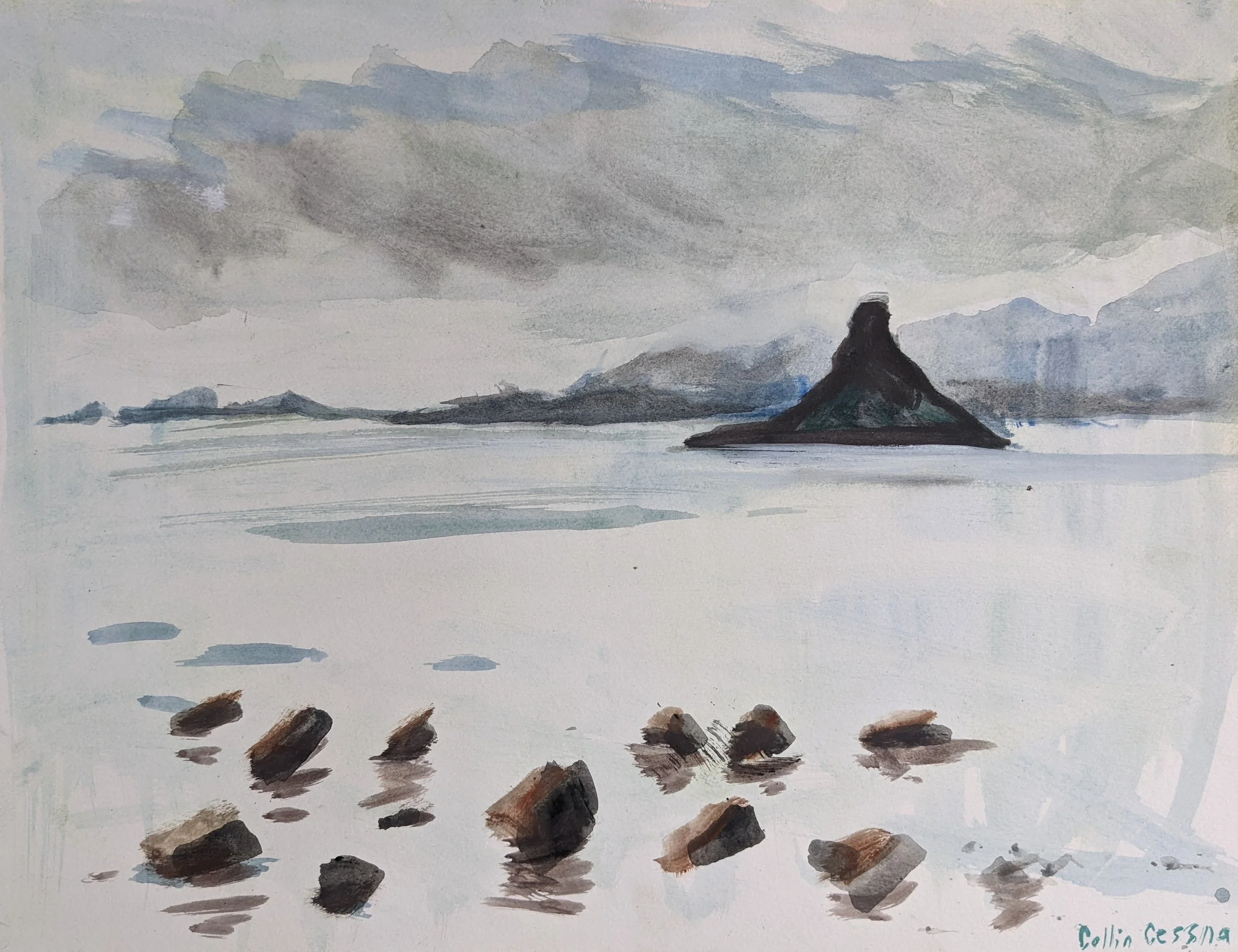 A watercolor painting of a seascape with rocks in the foreground and a large, rocky island in the background under a cloudy sky.