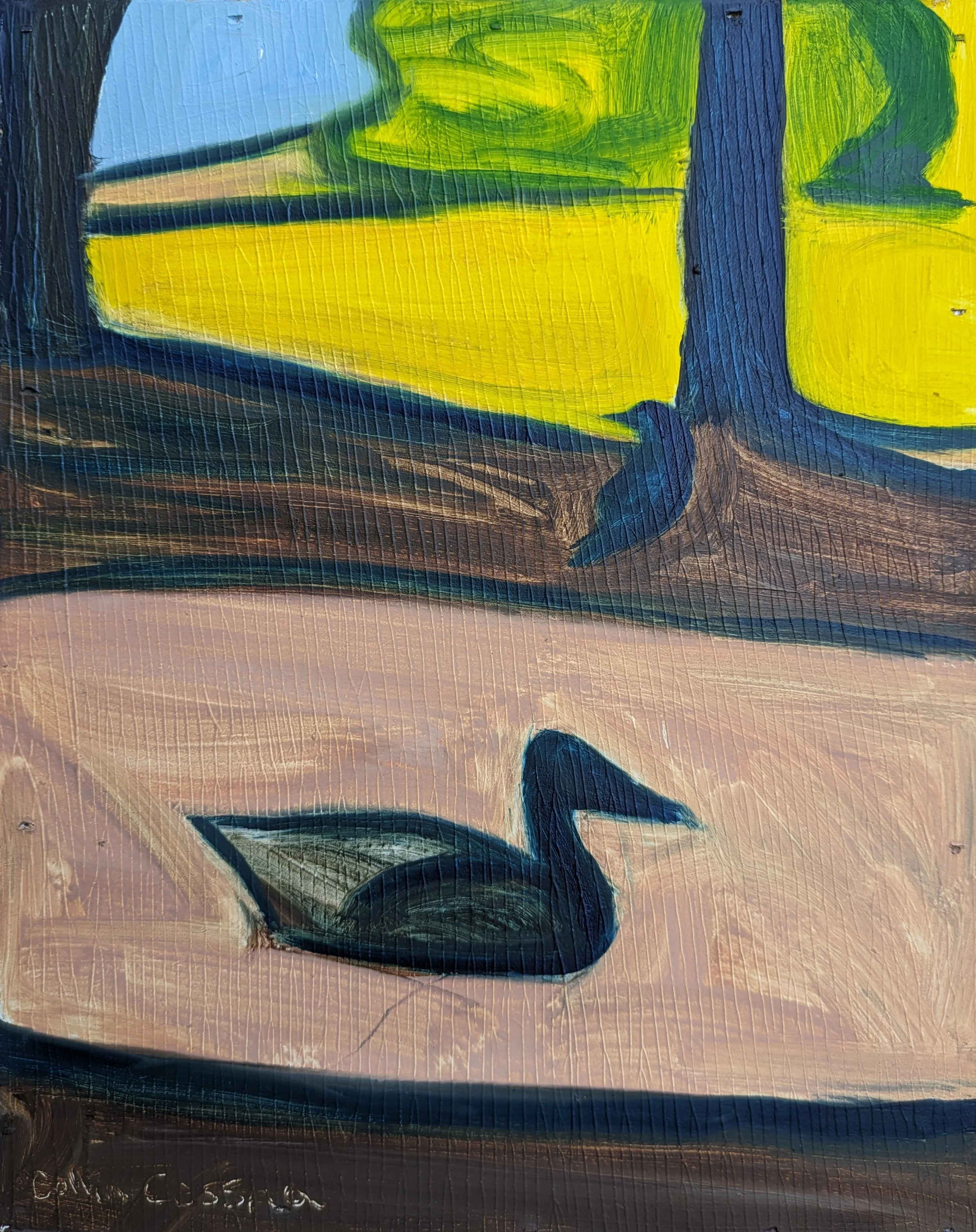 Painting of a black duck with a long neck, floating on water with a pinkish hue, background includes a yellow and green landscape with a tree.