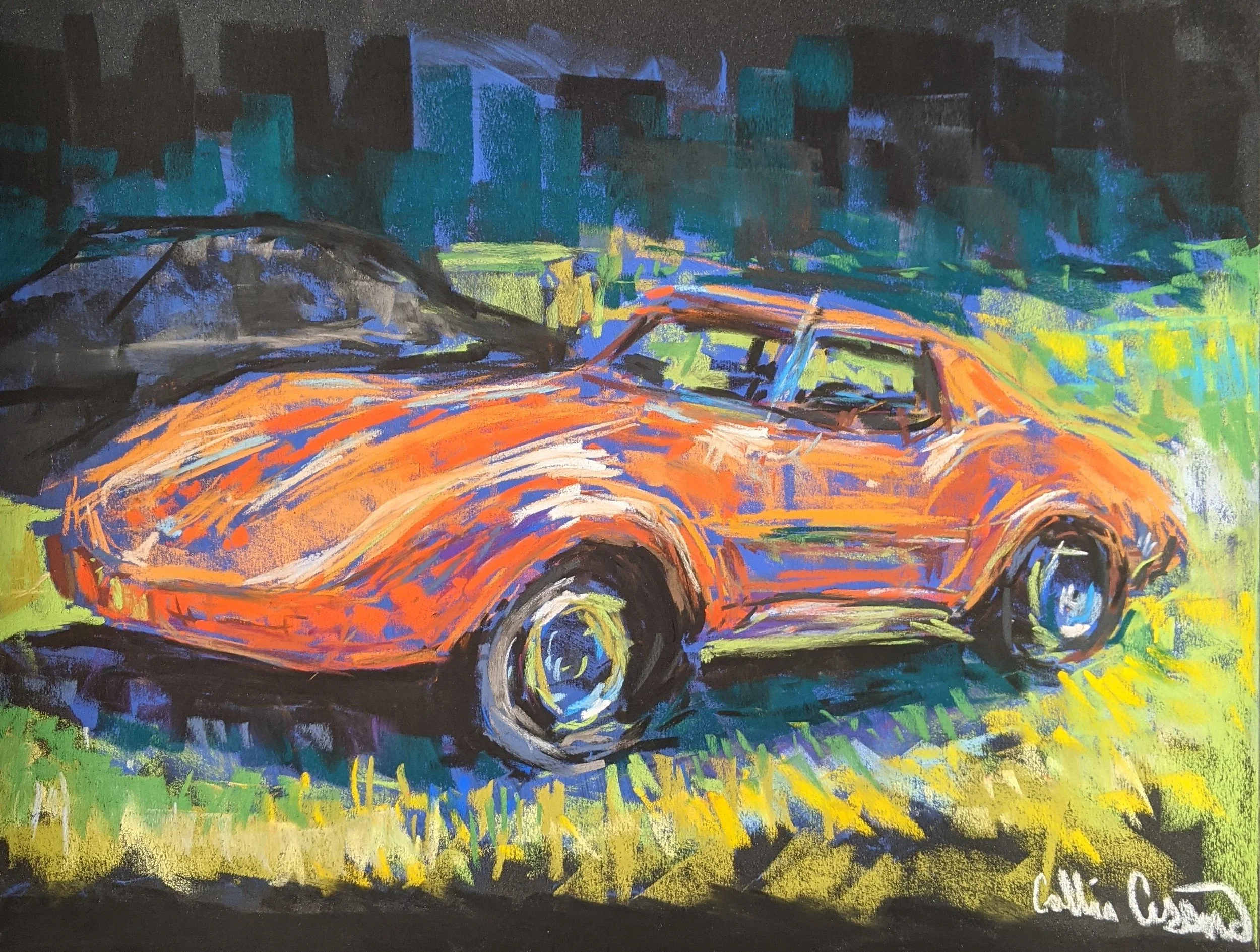 An abstract painting of an orange sports car on a grassy field, with a cityscape in the background at night, using bold and vibrant colors.