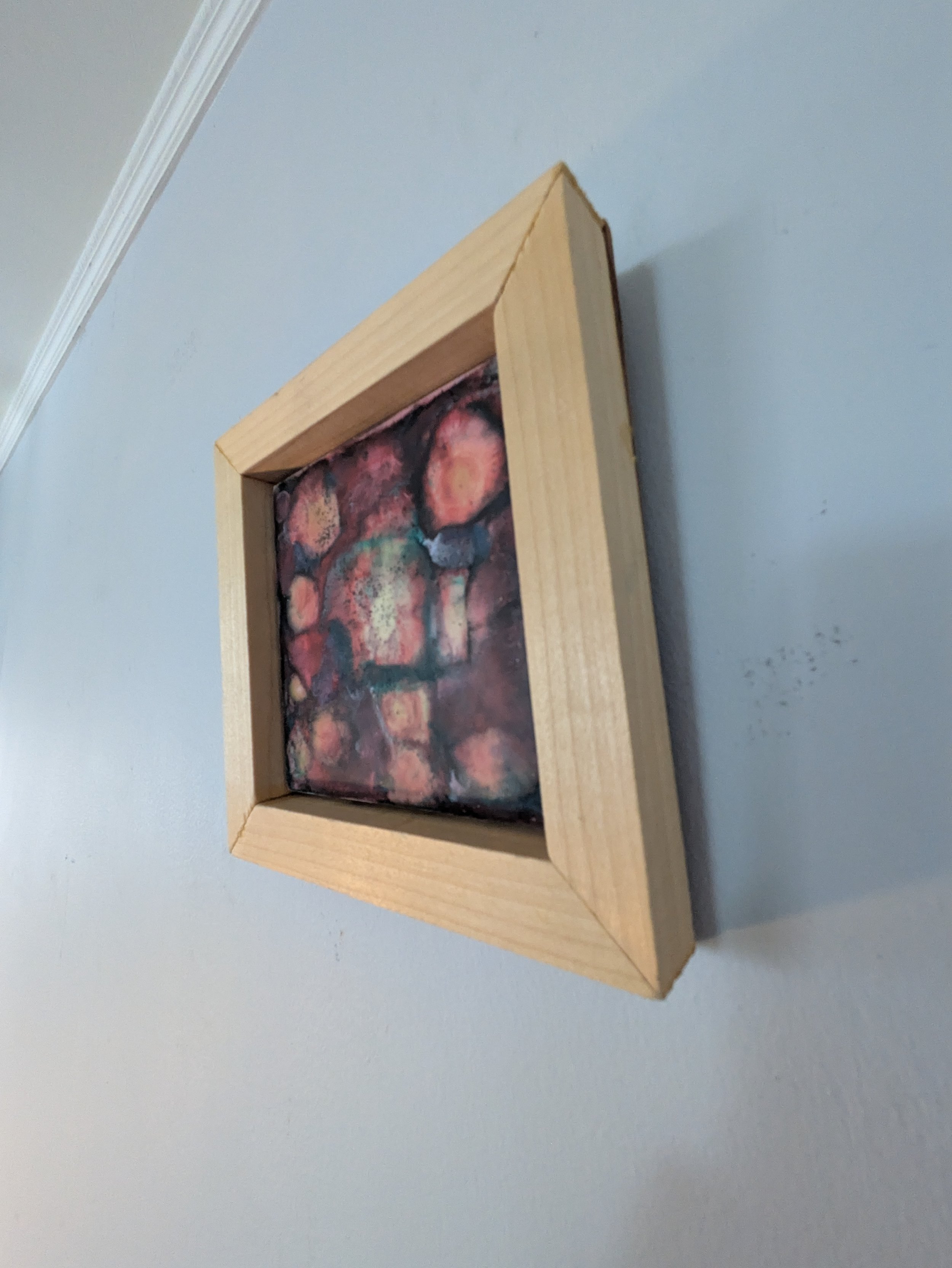 Collin Cessna Artist paints encaustic beeswax painting on ceramic tile framed upcycled recycled orig
