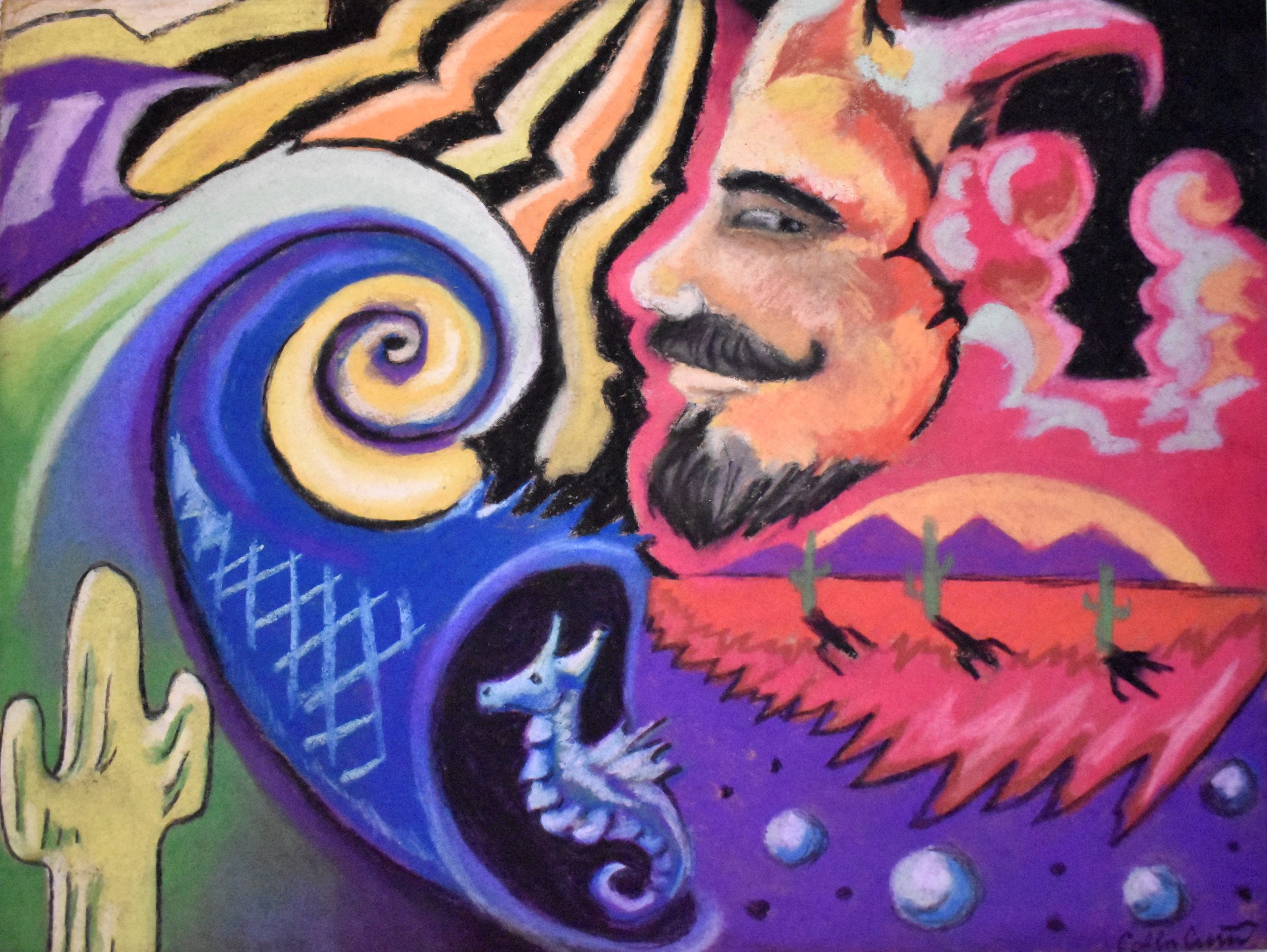A colorful artwork featuring a stylized portrait of a man with a beard and mustache, surrounded by various abstract and southwestern-themed elements like cacti, a dragon, a moon, clouds, and swirling patterns in vibrant colors.