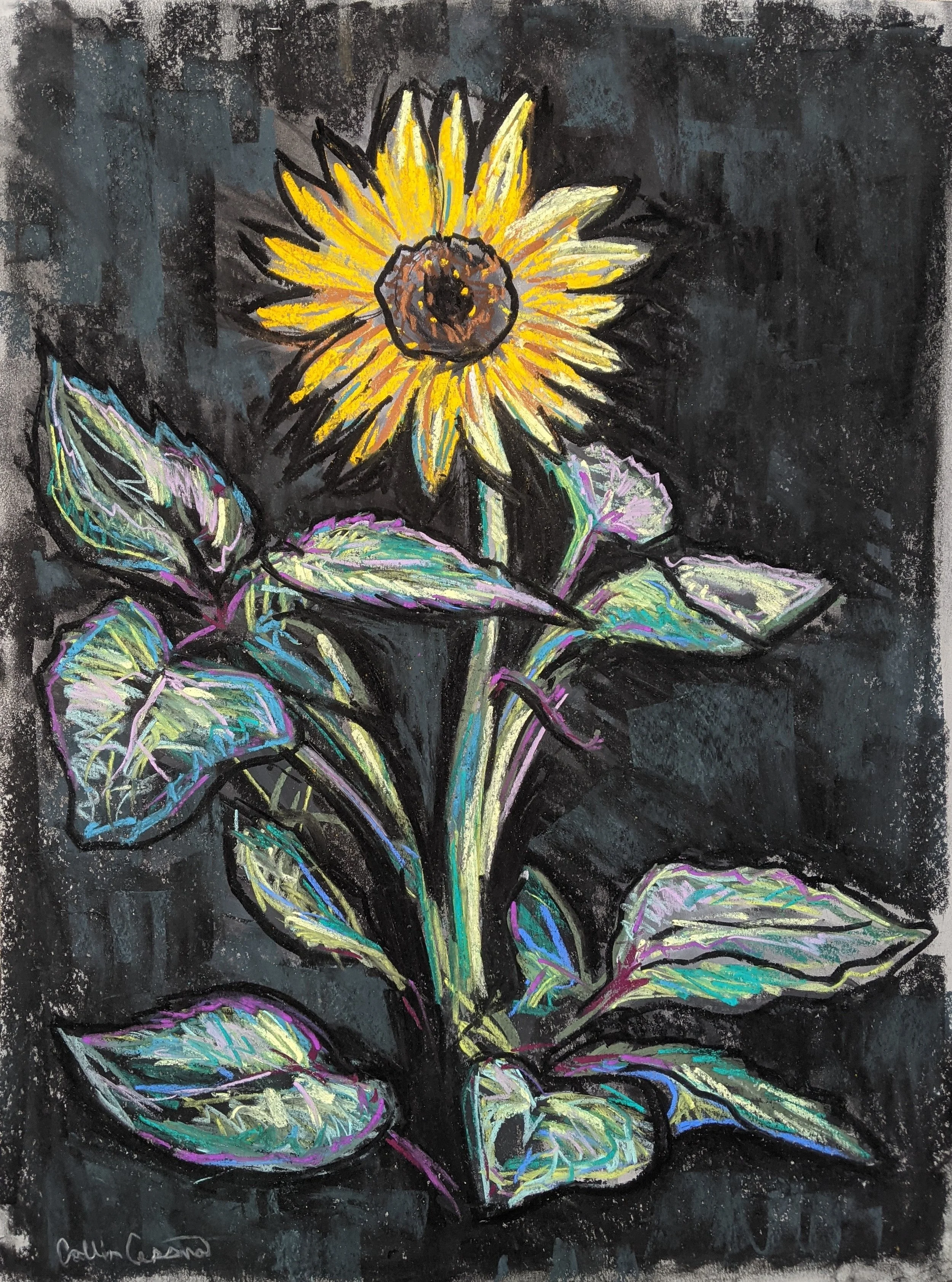 A vibrant, abstract depiction of a sunflower with yellow petals and dark center, set against a dark background. The leaves and stem are painted with iridescent, colorful strokes, creating a luminous effect.