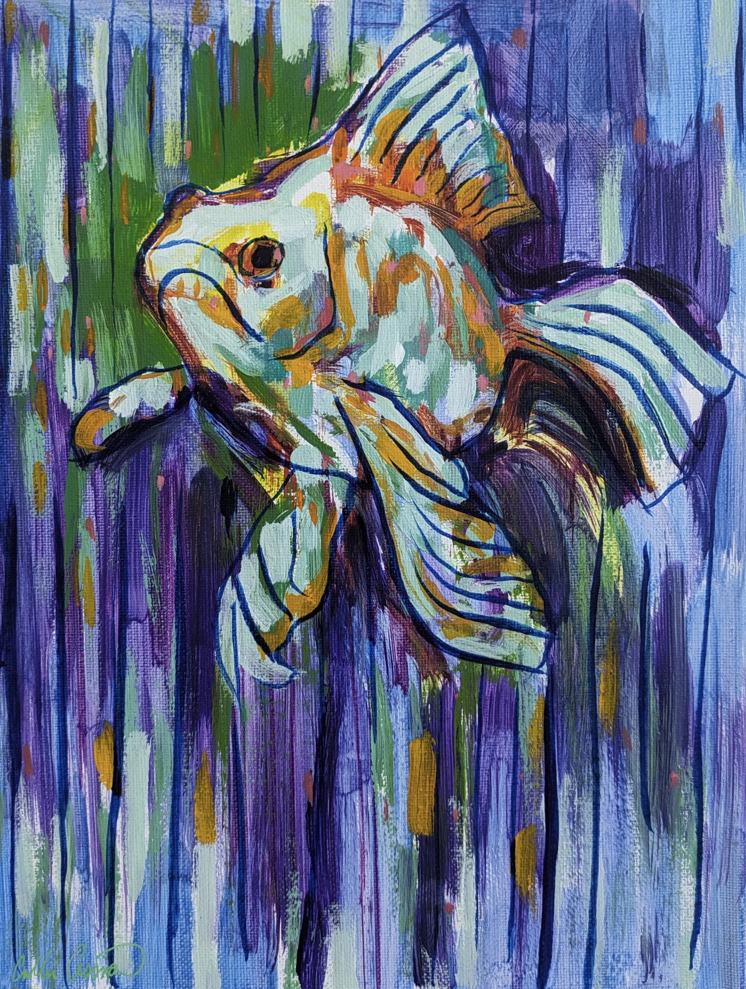 Colorful abstract painting of a fish with a background of vertical streaks in various colors.