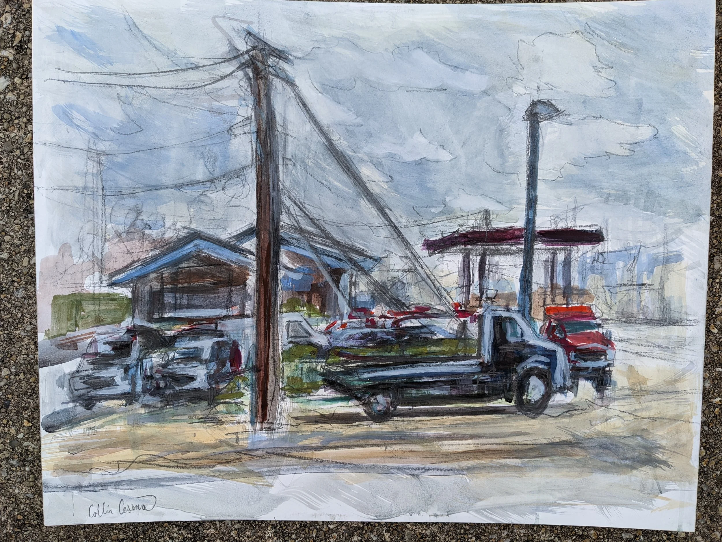 A watercolor painting of a rural scene with utility poles, parked cars, and a building under a cloudy sky.