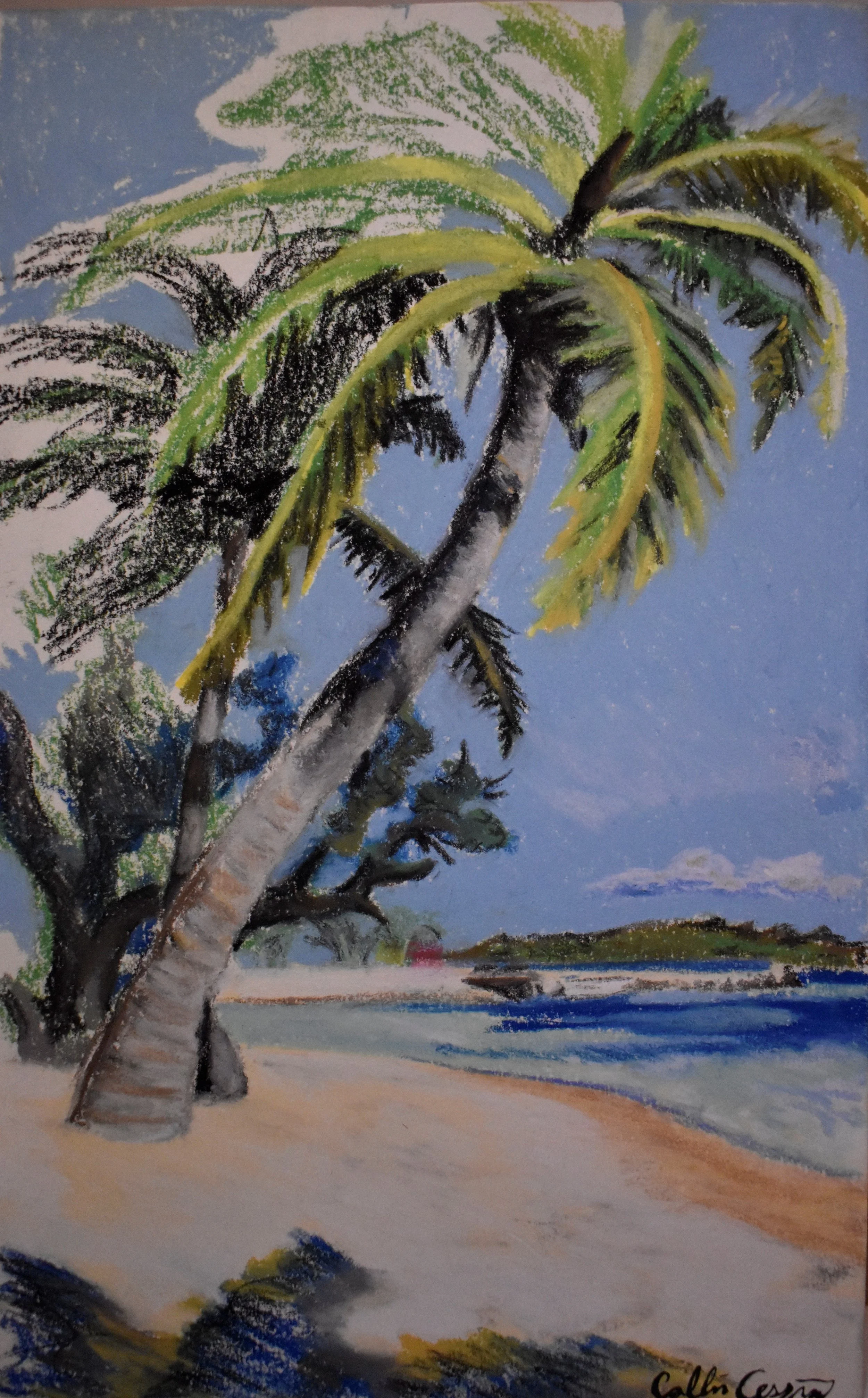 A pastel drawing of a tropical beach with a large leaning palm tree, sandy shoreline, and a view of a small island in the distance under a partly cloudy sky.