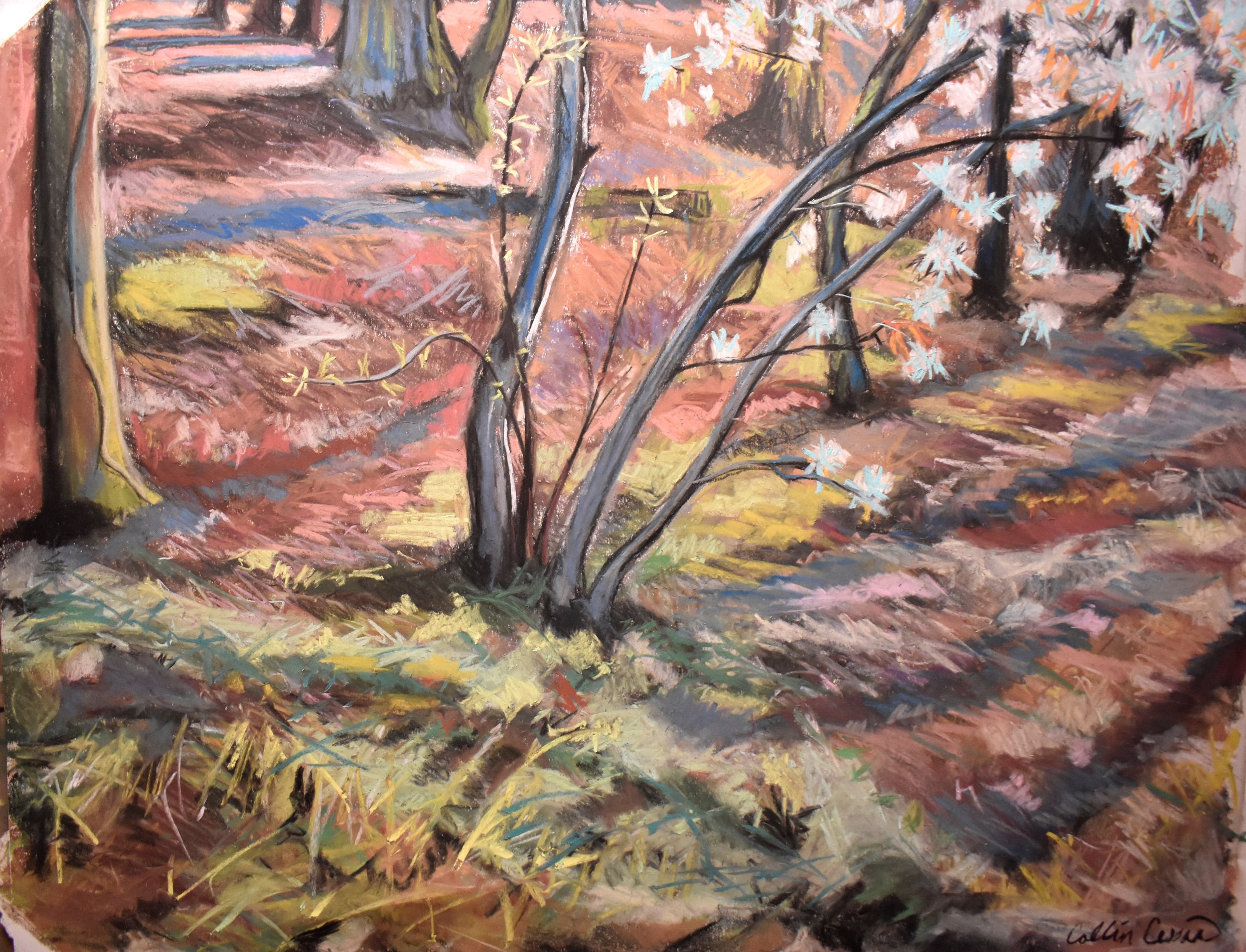 A painting of a forest scene with trees and a ground covered in fallen leaves. There are a few trees with light-colored leaves and branches, with shadows cast on the ground.