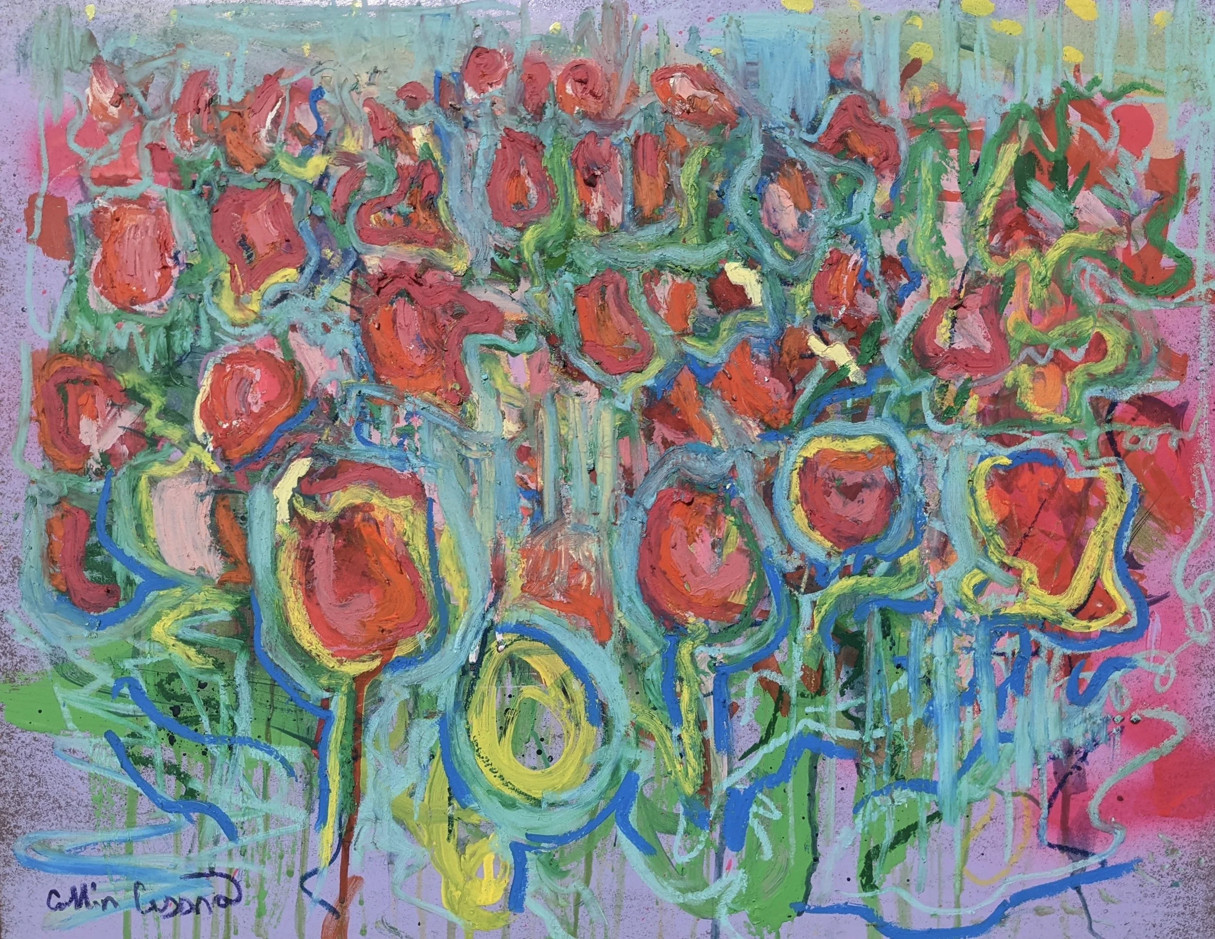 Colorful abstract painting of a bouquet of red roses with green stems, set against a vibrant background of pink, purple, and blue with visible brushstrokes.