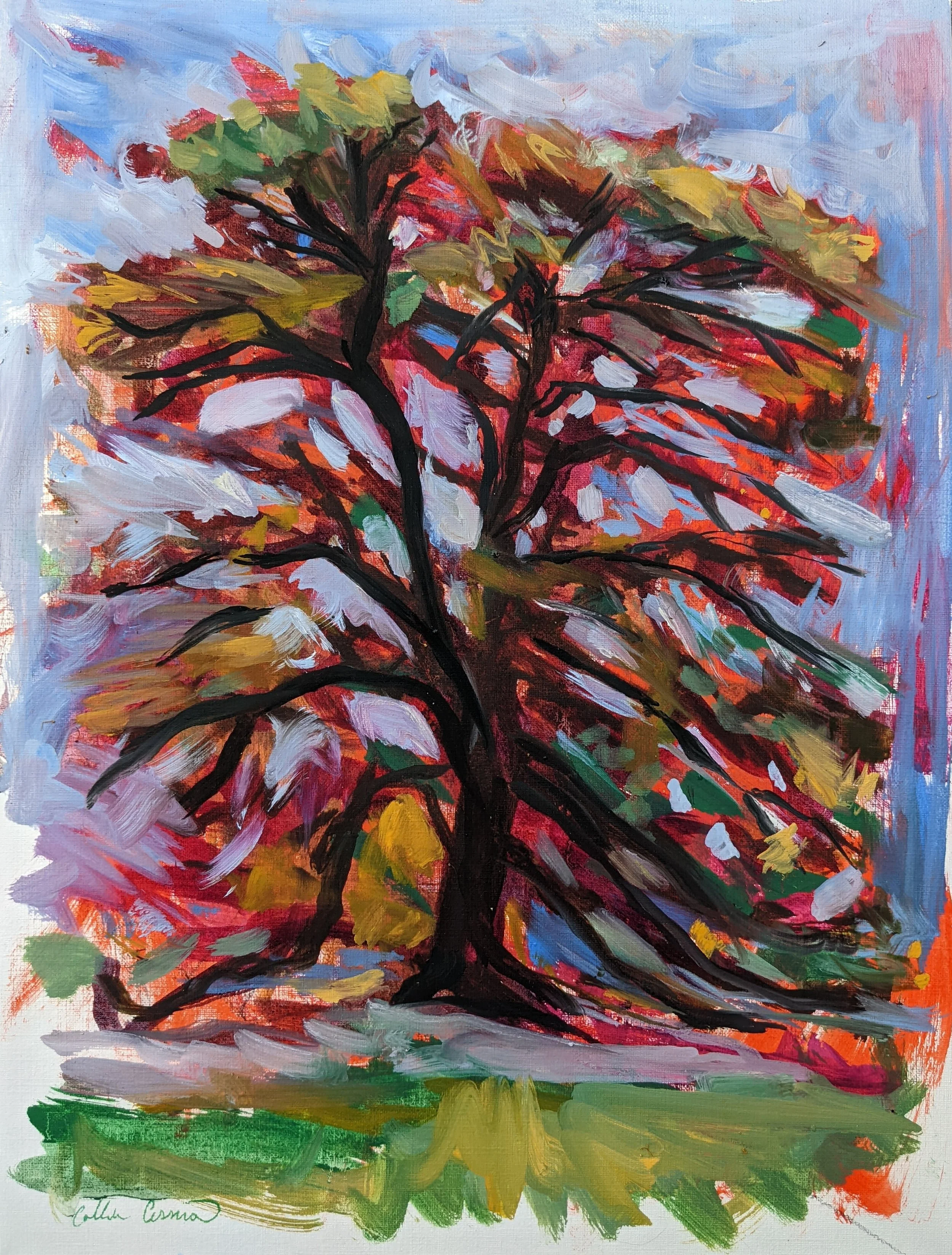 Abstract painting of a large tree with black branches and multicolored leaves in fall colors, set against a vibrant sky background.