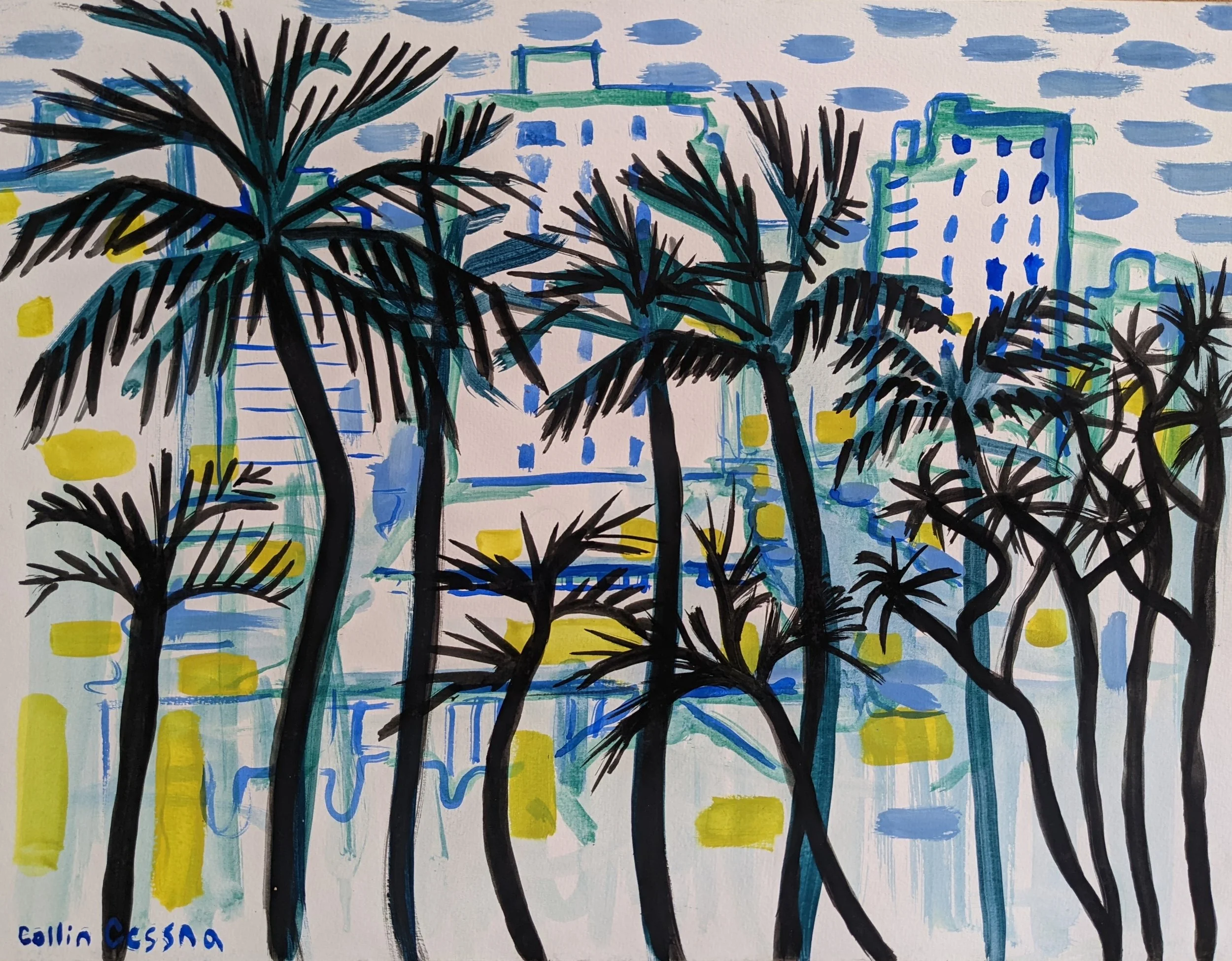 An abstract painting of a cityscape with tall buildings in the background and black palm trees in the foreground, using bold brush strokes and bright colors.