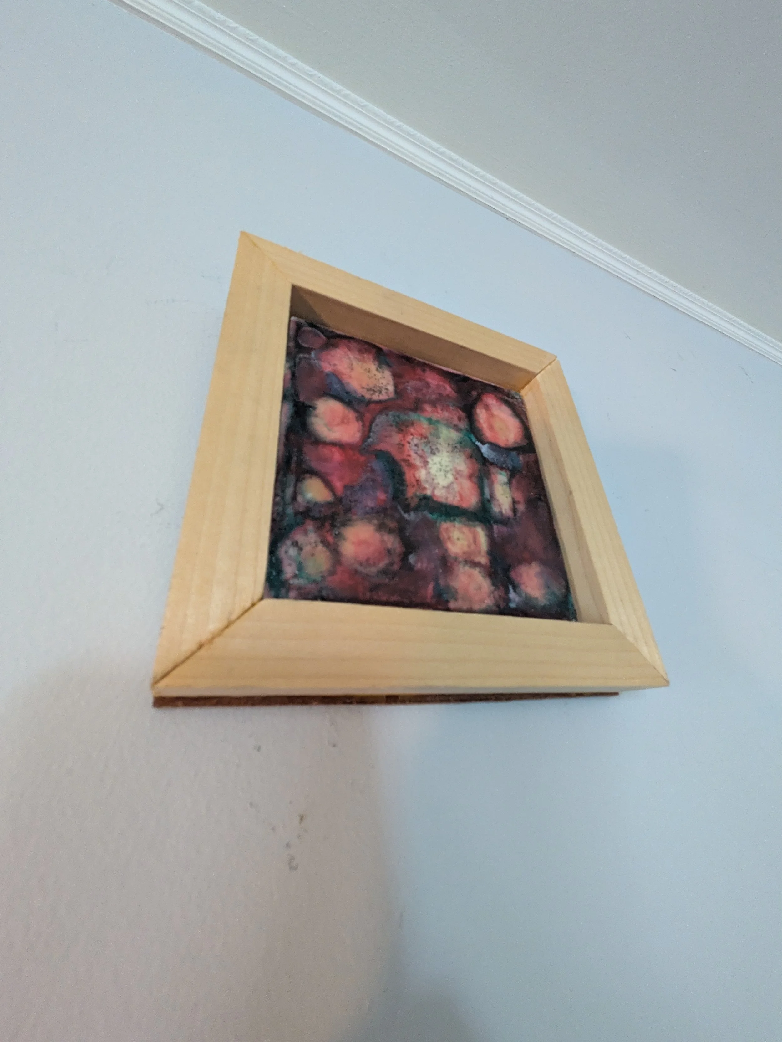 Collin Cessna Artist paints encaustic beeswax painting on ceramic tile framed upcycled recycled orig