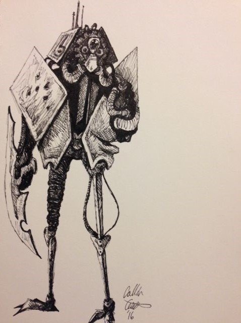 Black and white sketch of a humanoid robot with an art palette on its side, wearing a jacket, and holding a sword.