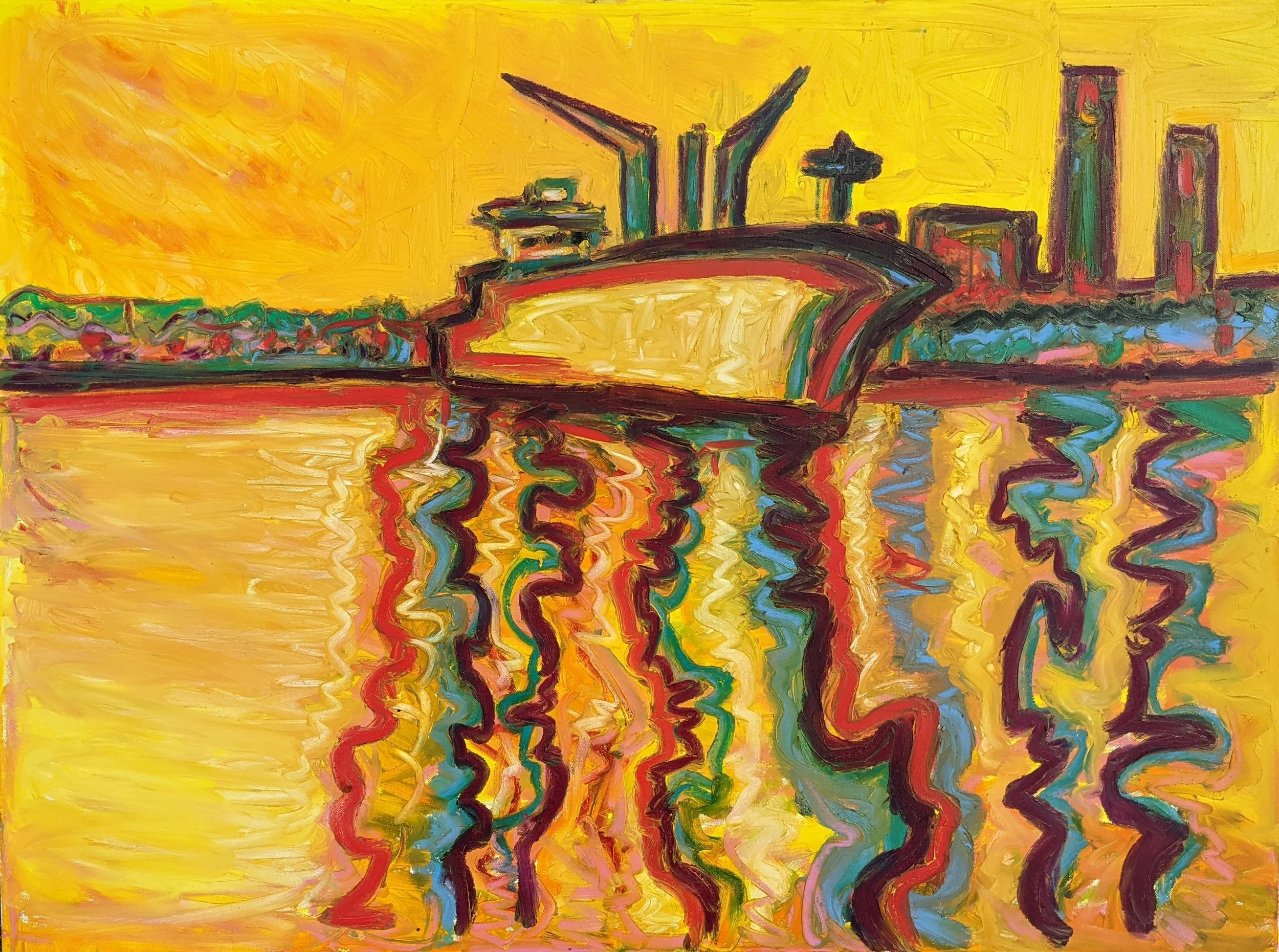 Abstract impressionist painting of a city skyline reflected on water, with bold, swirling brushstrokes and warm colors including yellow, red, blue, and green.